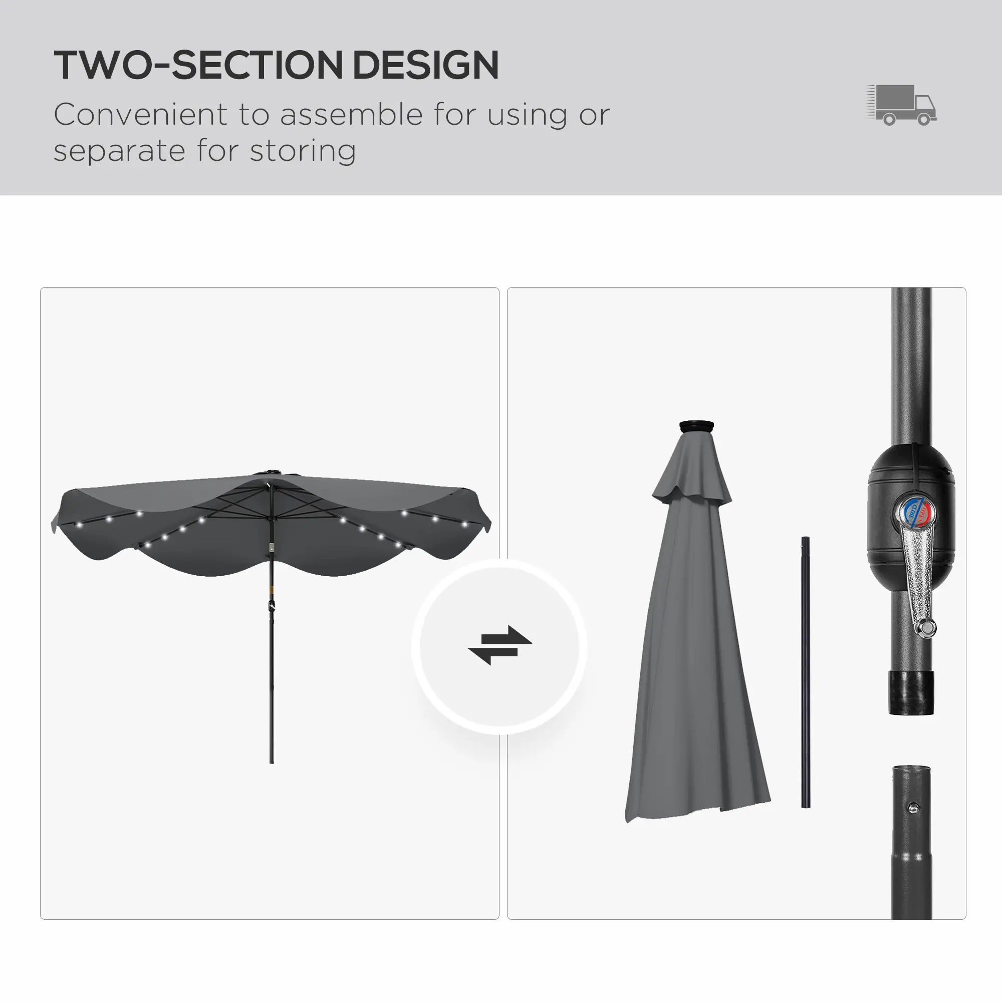 Solar Patio Umbrella with LED, Tilt, Crank, 10 x 10 ft, Dark Grey Sun Umbrellas at Gallery Canada