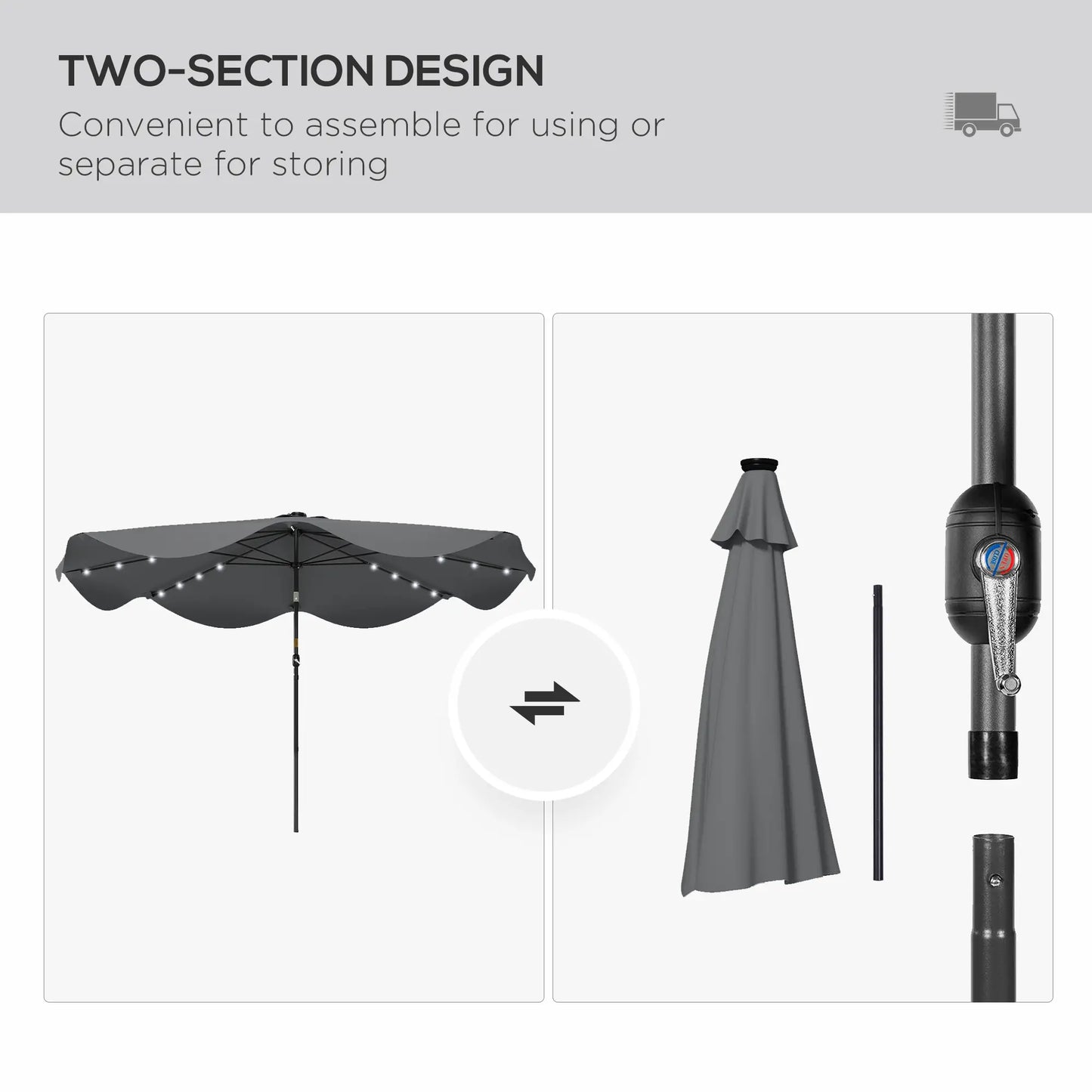 Solar Patio Umbrella with LED, Tilt, Crank, 10 x 10 ft, Dark Grey Sun Umbrellas at Gallery Canada
