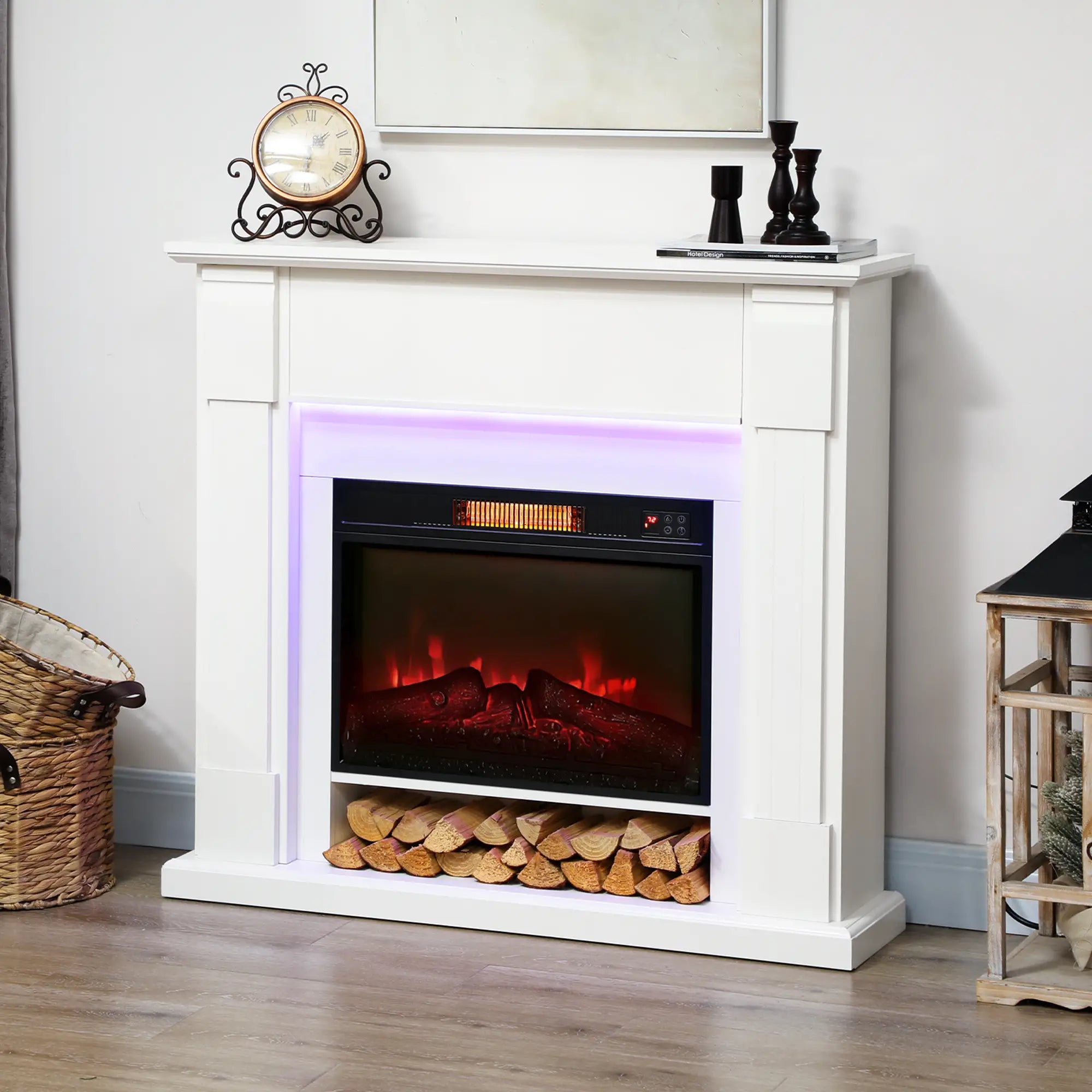 41 Inch Electric Fireplace with Mantel, 1400W Heater, Adjustable 3D Flame, White Electric Fireplaces at Gallery Canada
