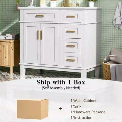 Bathroom Vanity with Ceramic Sink, Soft Close Doors, 4 Drawers, 36" L x 18.5" W x 35" H, White Sink Cabinets at Gallery Canada