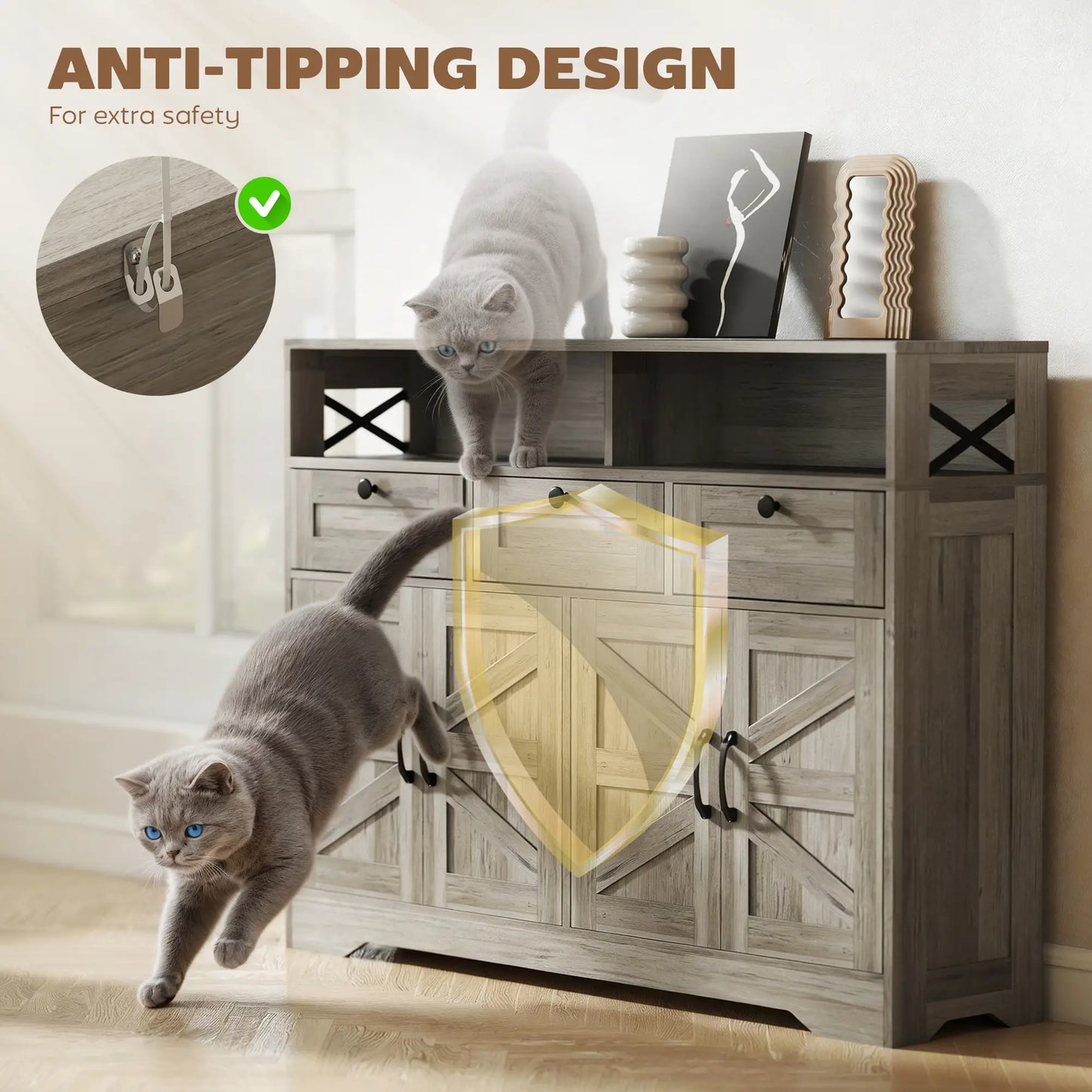 Grey Sideboard, Buffet Cabinet With 4 Barn Doors, 3 Drawers, Grey