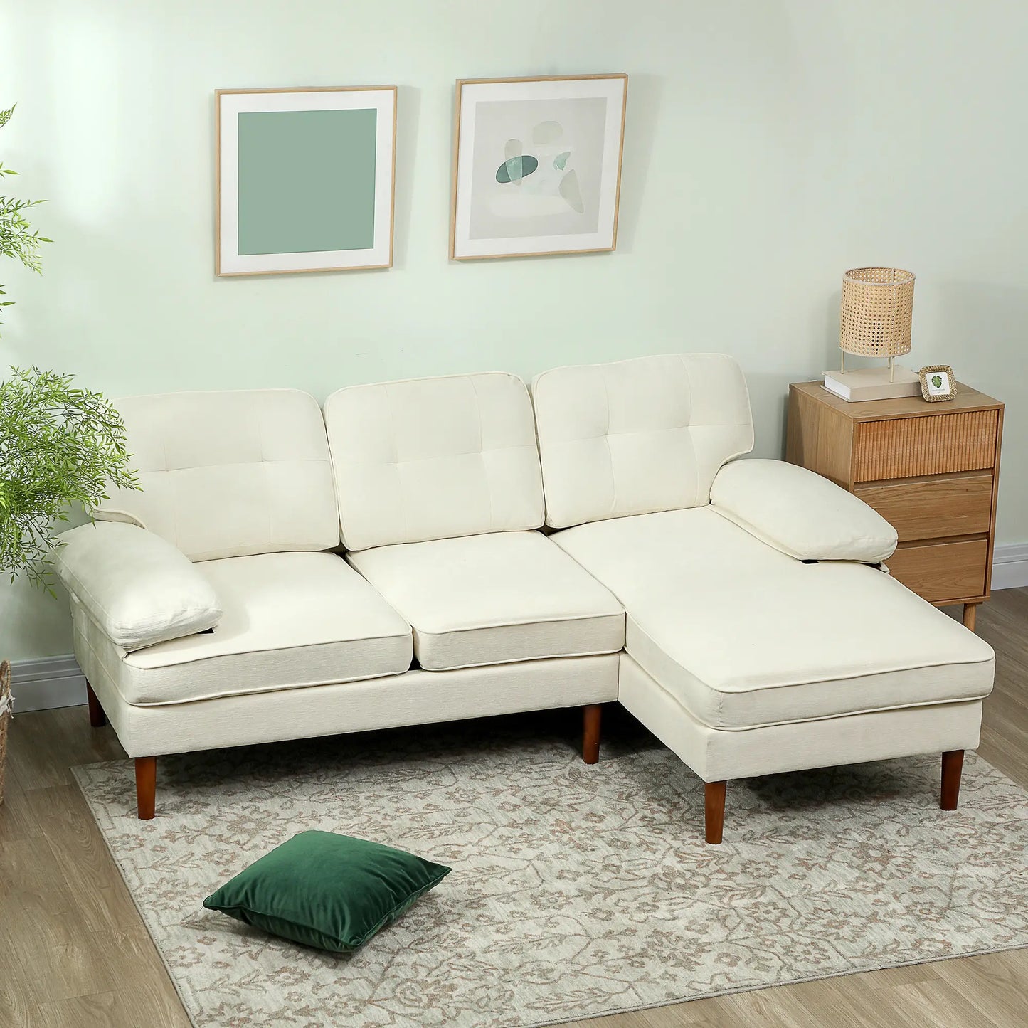 Modern Corner Couch, Right Chaise Lounge, Tufted 3-Seater Sofa, Wooden Legs, Cream White 3-Seater Sofas at Gallery Canada