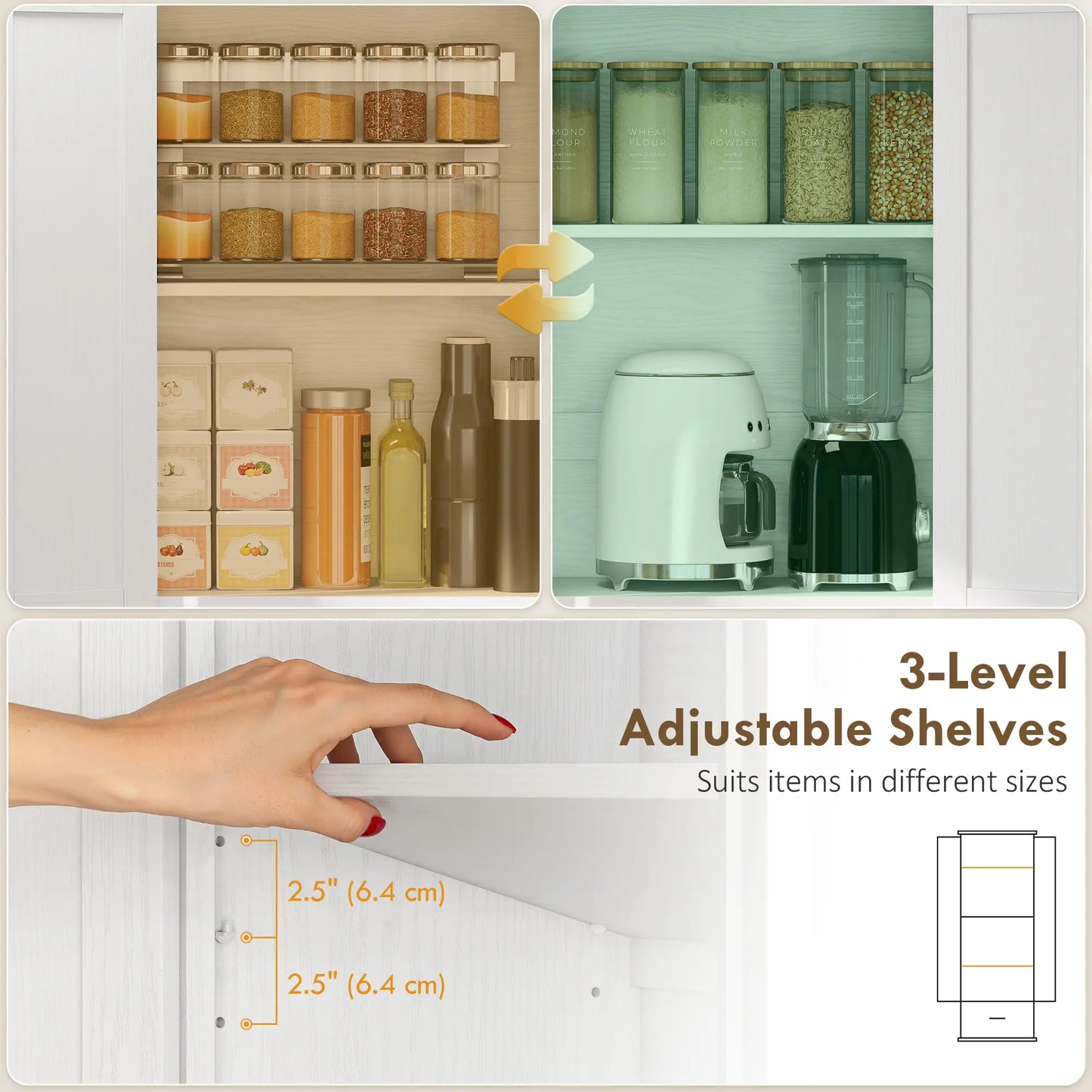 71" Pantry Cabinet, Adjustable Shelves, 2 Doors, Drawer, White