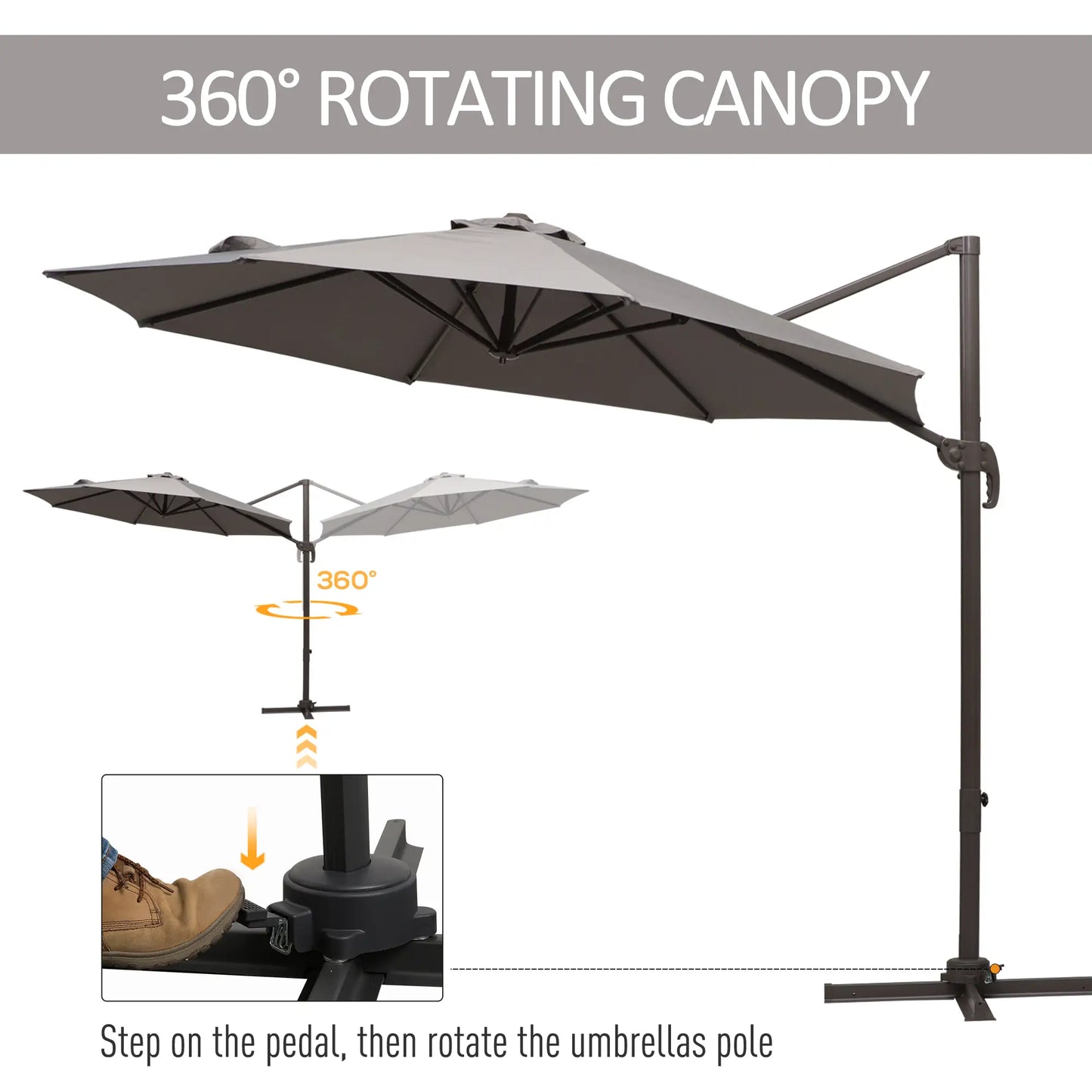 10ft Cantilever Patio Umbrella, 360° Rotation, Crank, Grey Cantilever Umbrellas at Gallery Canada