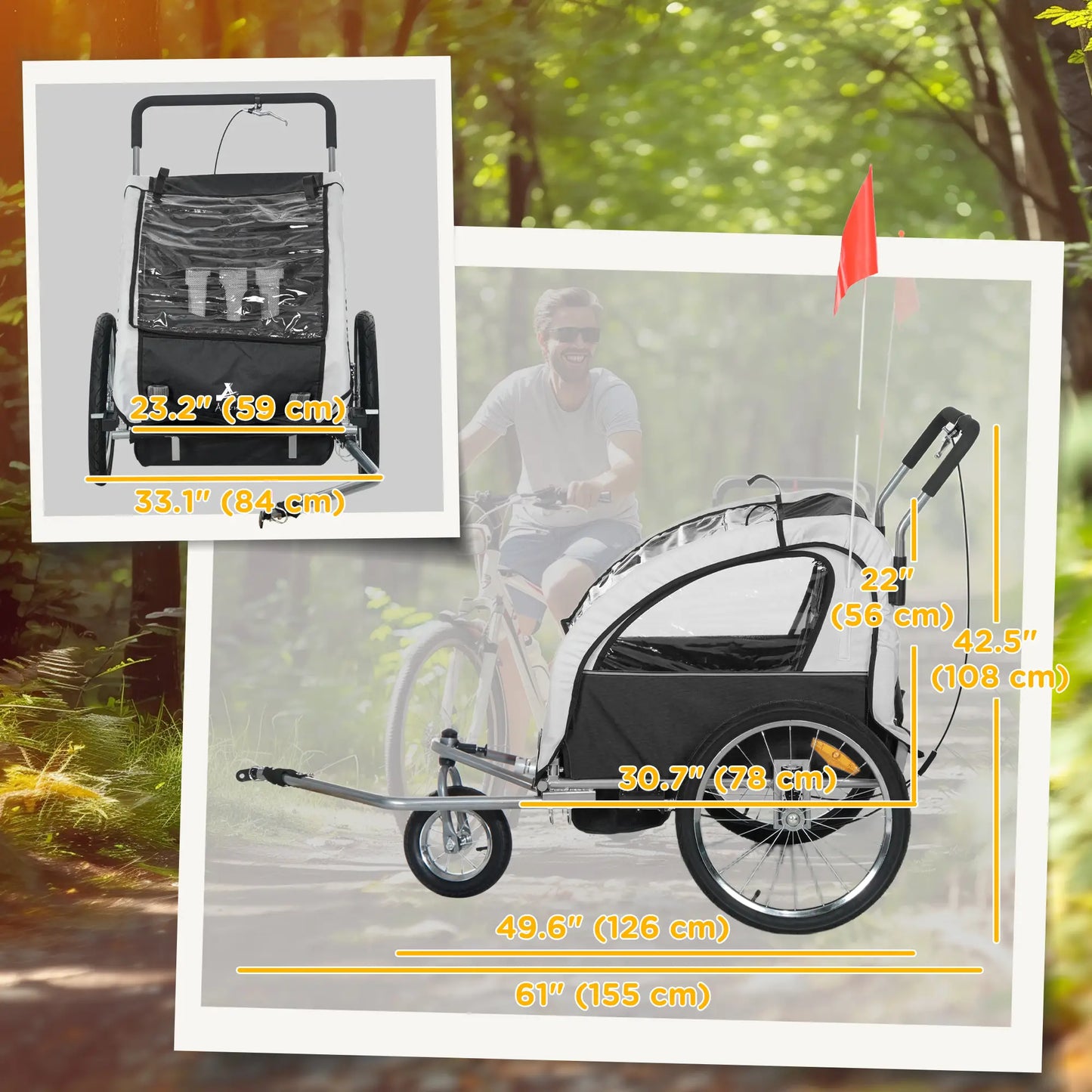 2-in-1 Bike Trailer, Foldable 2-Seat Stroller, 5-Point Harness, Black Kids Bike Trailers at Gallery Canada
