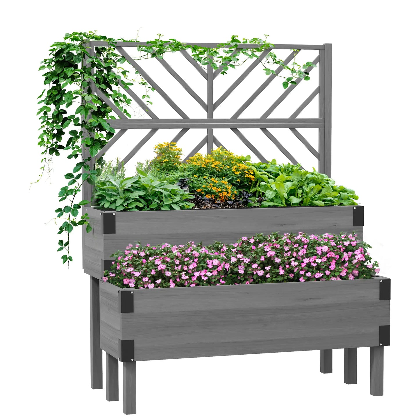 Raised Garden Bed with Trellis, 2 Tier Wooden Planter Box, Grey Elevated Garden Beds at Gallery Canada