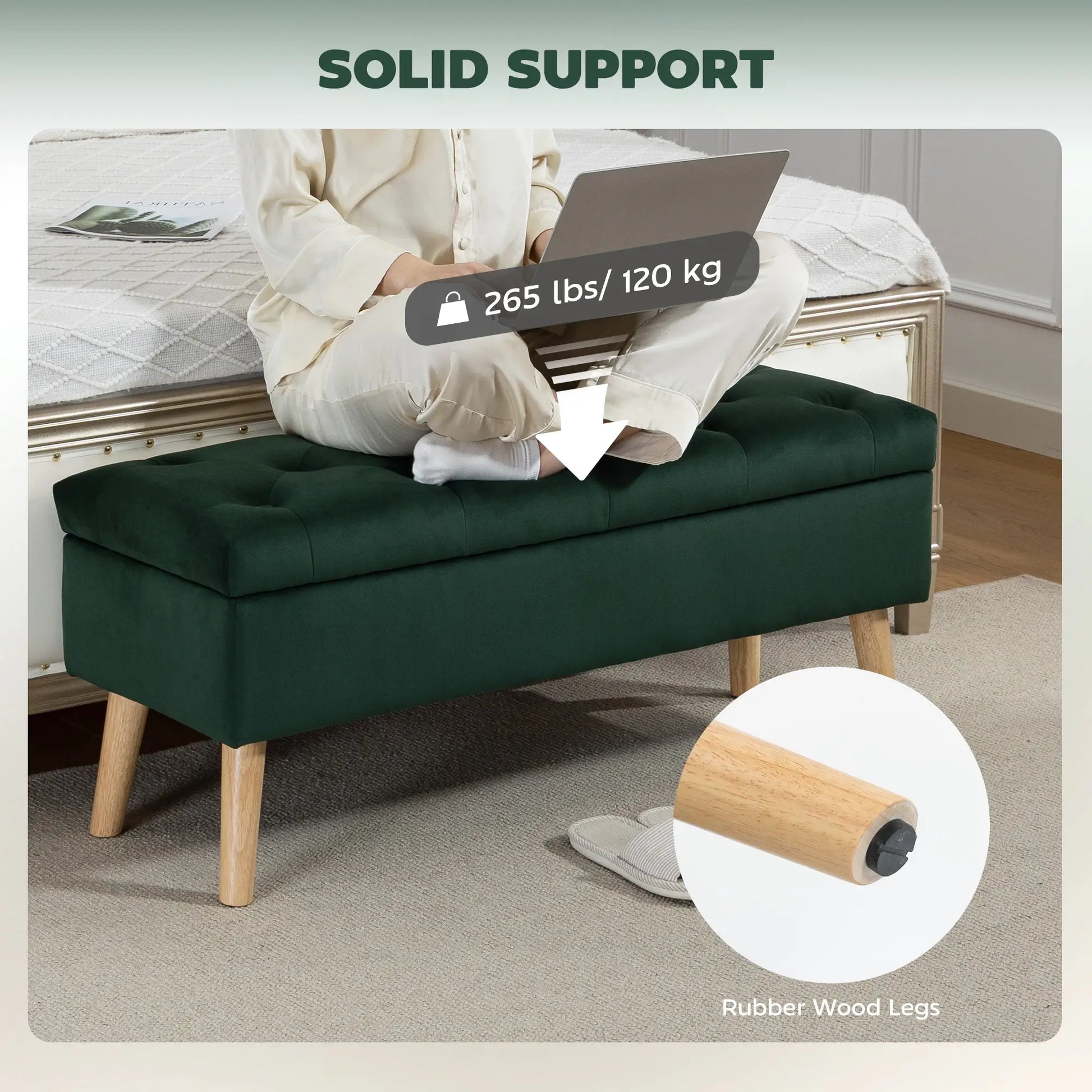 Velvet Storage Ottoman with Lid, Wood Legs, Dark Green Storage Ottomans & Benches at Gallery Canada