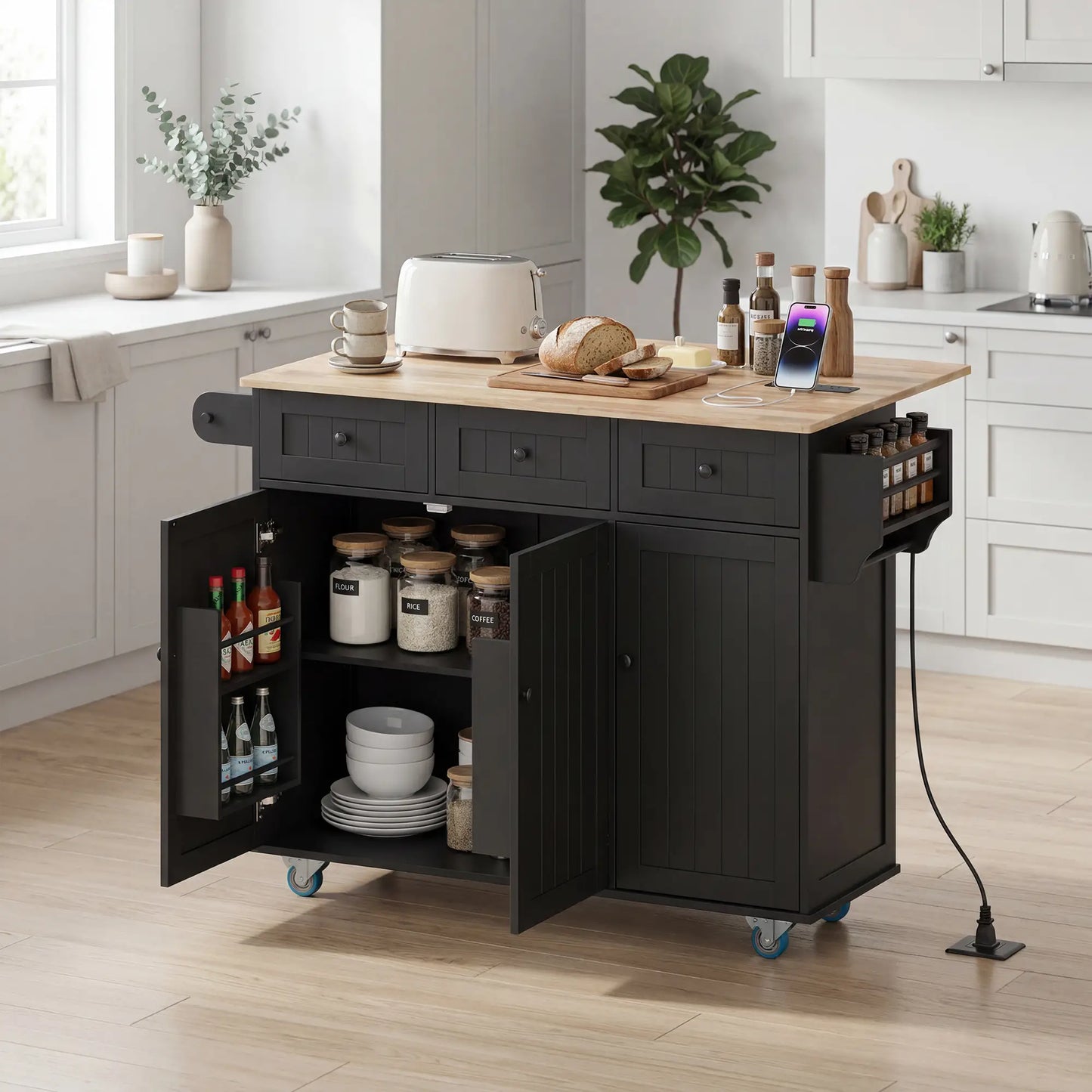 Kitchen Island On Wheels With Drop Leaf, Charging Station, Black Kitchen Islands & Kitchen Carts at Gallery Canada