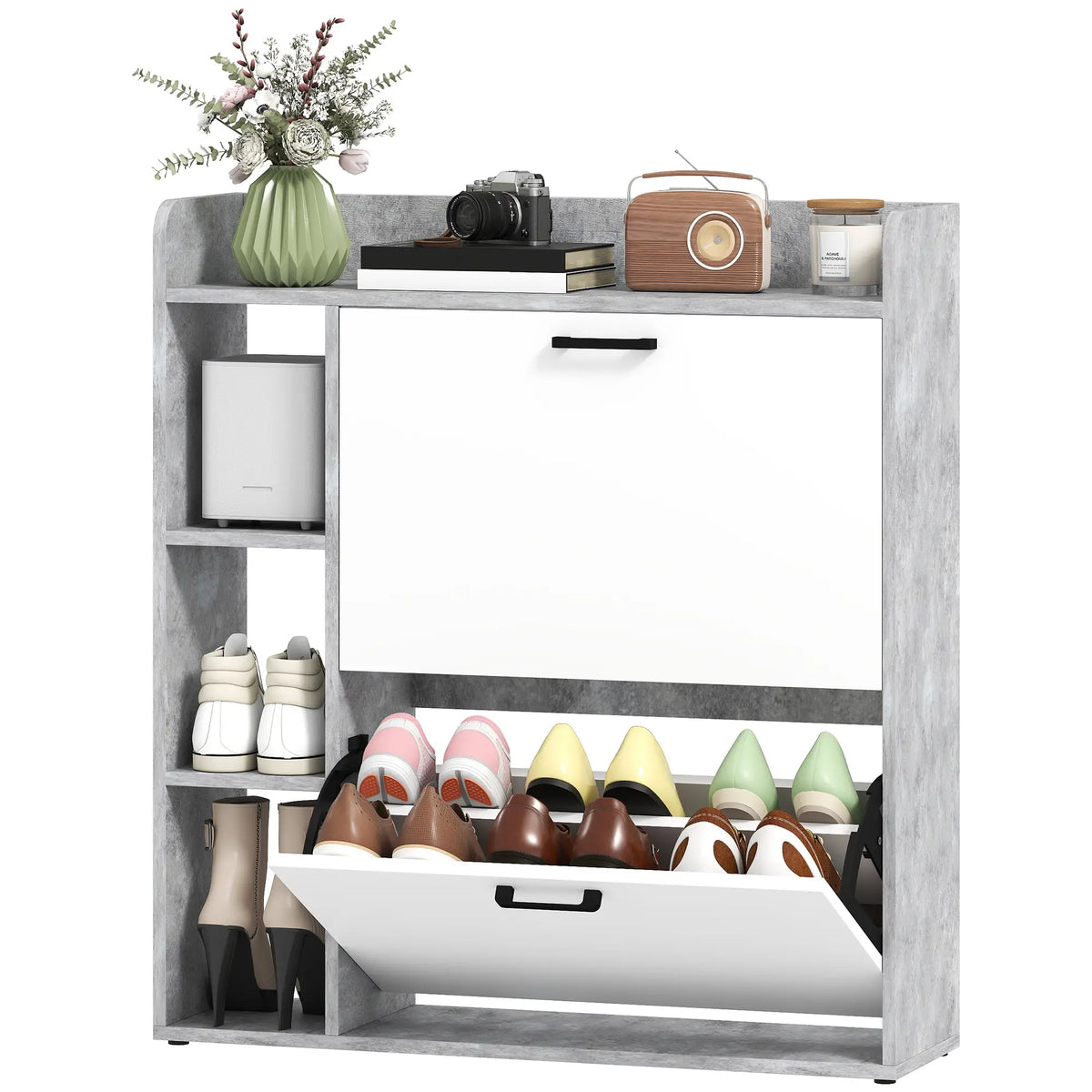 Shoe Cabinet with 2 Flip Drawers, 3 Side Compartments, Adjustable Shelves, 8-12 Pairs for Entryway Hallway, Grey Shoe Storage Cabinets & Racks Concrete Grey and White at Gallery Canada
