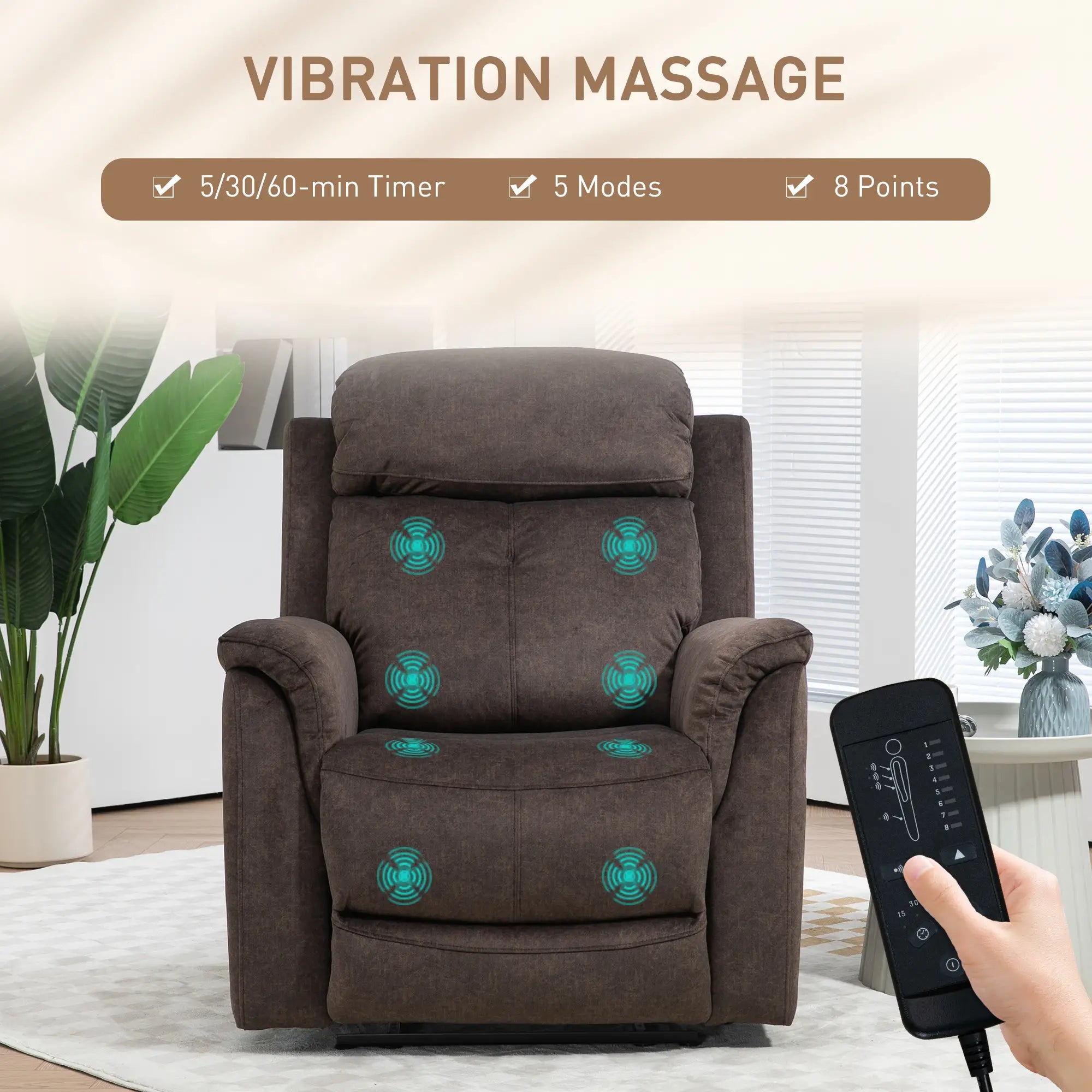 Manual Recliner Chair with Vibration Massage, Reclining Chair for Living Room with Side Pockets, Brown Single Sofas at Gallery Canada