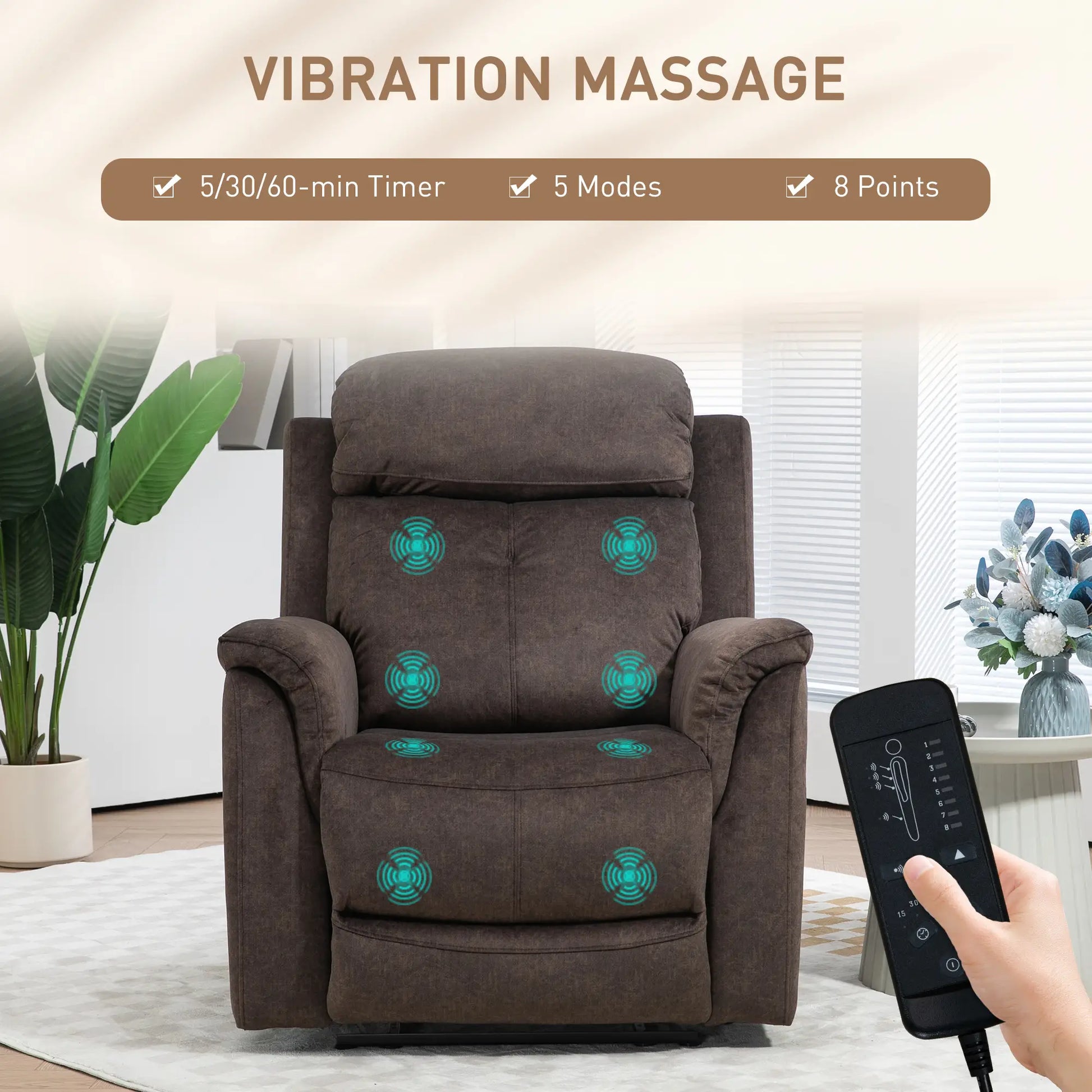 Manual Recliner Chair with Vibration Massage, Reclining Chair for Living Room with Side Pockets, Brown Single Sofas at Gallery Canada