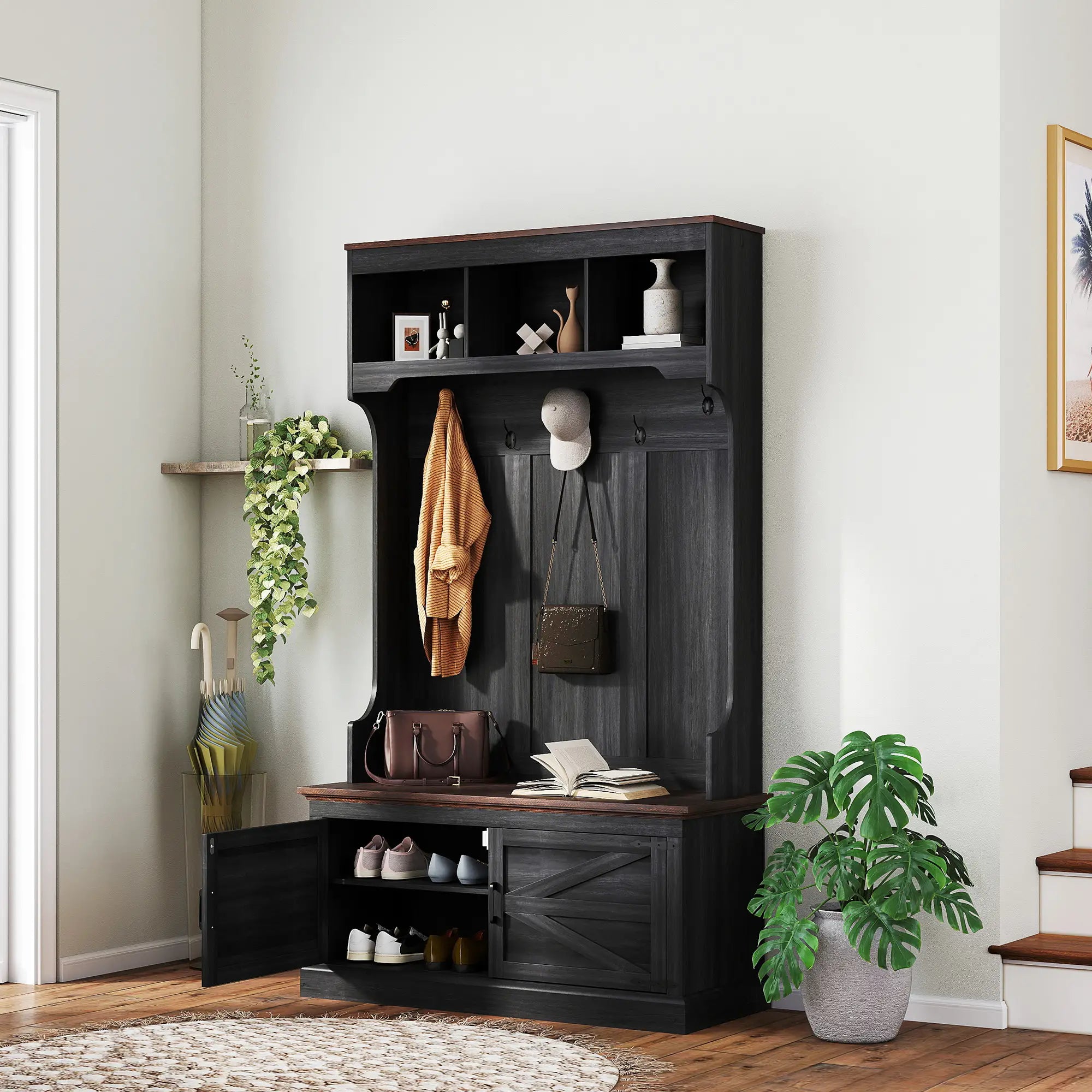3-in-1 Hall Tree with Bench, Coat Rack, Shoe Storage, Distressed, Black Clothing Storage at Gallery Canada