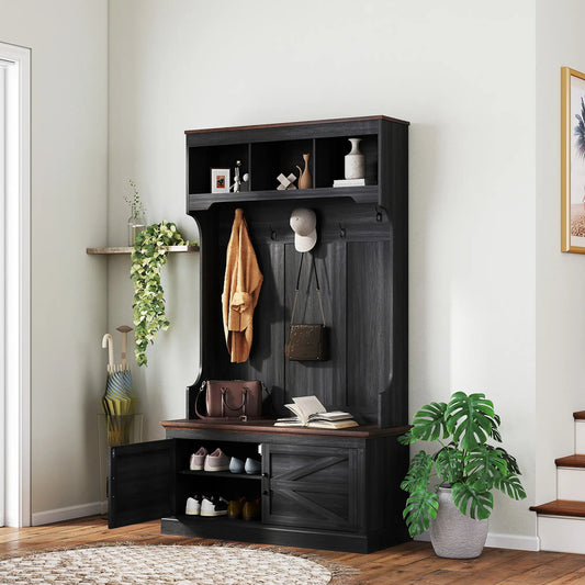 3-in-1 Hall Tree with Bench, Coat Rack, Shoe Storage, Distressed, Black Clothing Storage Black Wood Grain, Oak Wood Grain at Gallery Canada