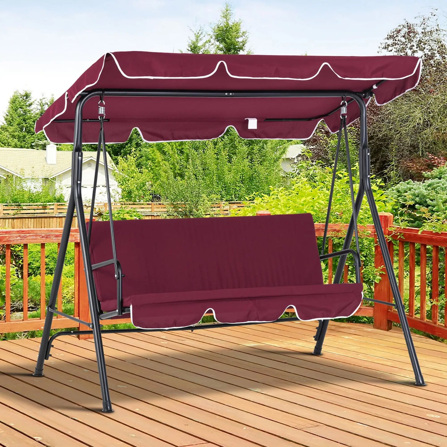 3-Seater Outdoor Porch Swing, Adjustable Canopy, Wine Red Patio Swings with Stand at Gallery Canada