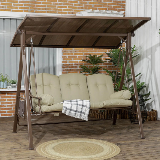 3-Seat Patio Swing Chair With Canopy, Khaki Porch Swings with Canopy Brown & Khaki at Gallery Canada