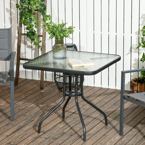 Square Patio Dining Table, Tempered Glass Top, Umbrella Hole, Black