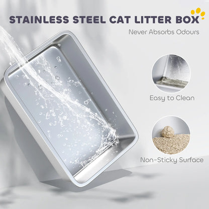XL Stainless Steel Cat Litter Box, High Wall, Odor Free, Steel