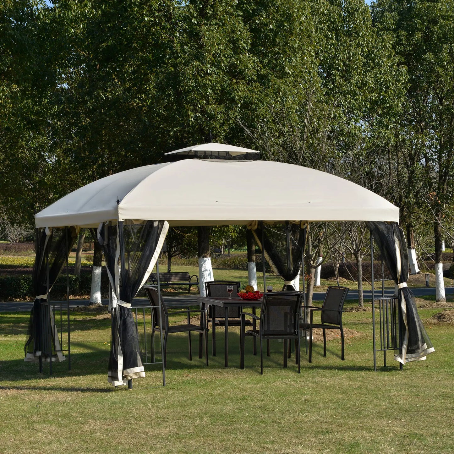 12' x 10' Outdoor Gazebo, Double Tier Roof, Removable Mesh, Beige Gazebos at Gallery Canada