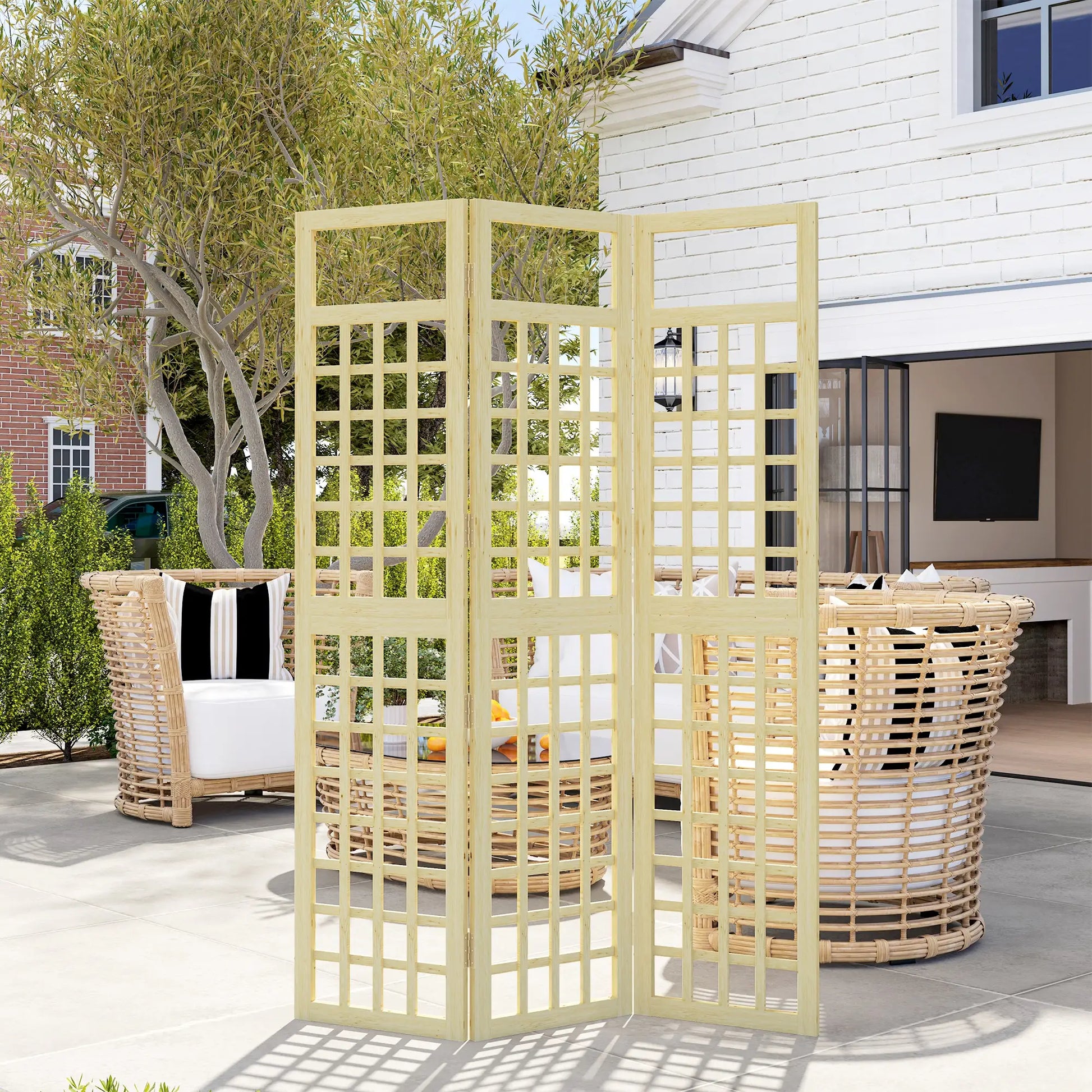 3 Panel Outdoor Wood Privacy Screen, Folding Room Divider, 47.2" x 66.9", Natural Wood Side Awnings at Gallery Canada