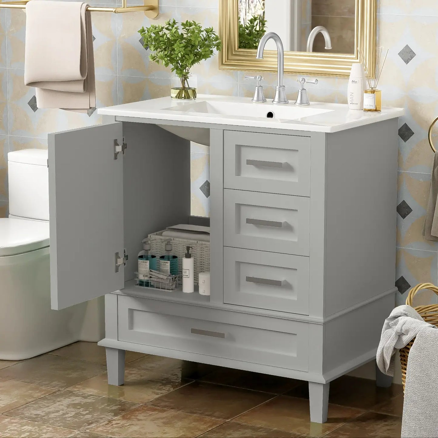 Bathroom Vanity with Sink, Solid Wood, Storage Cabinet, 30" L x 18" W x 34" H, Grey Sink Cabinets at Gallery Canada