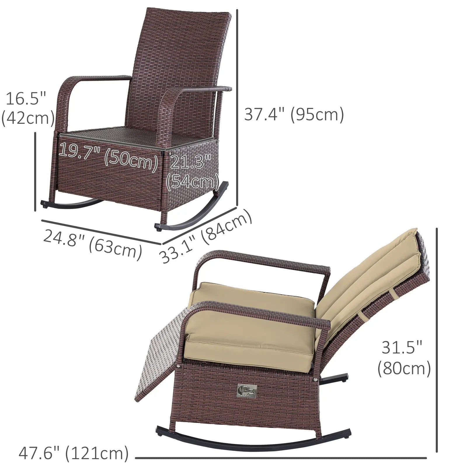 Outdoor Wicker Rocking Chair, PE Rattan Recliner with Cushion, Adjustable Footrest, Khaki Outdoor Rocking Chairs at Gallery Canada