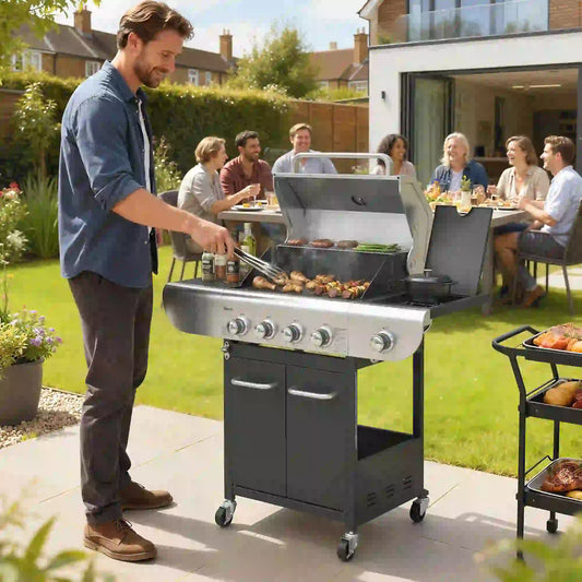 4 Burner Propane Gas Grill, 53,000 BTU, Cast Iron Grates, Wheels, Warming Rack Propane Gas Grills Silver, Black at Gallery Canada