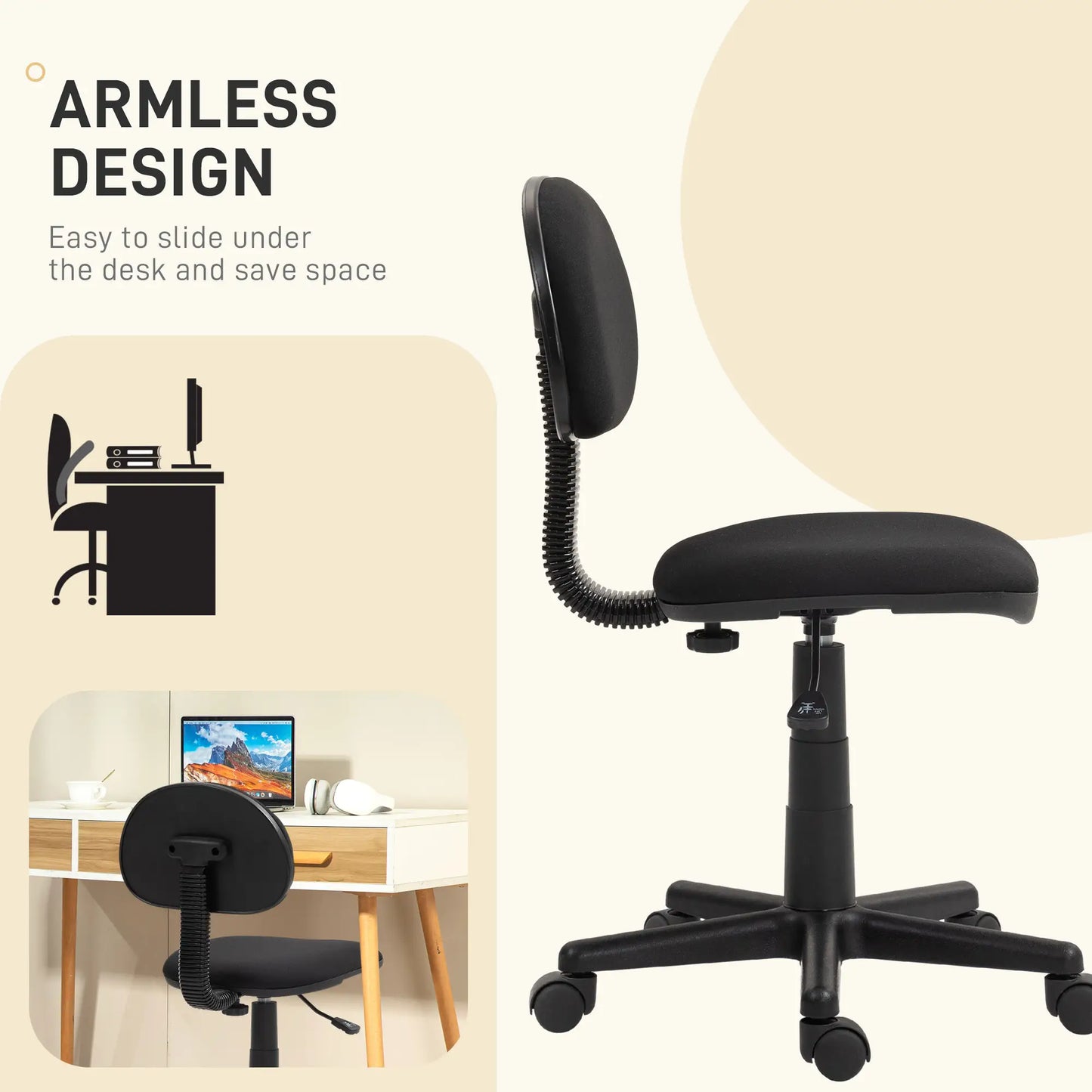 Small Desk Chair, Armless Adjustable Height, 360° Swivel Wheels, Black Task Chairs at Gallery Canada