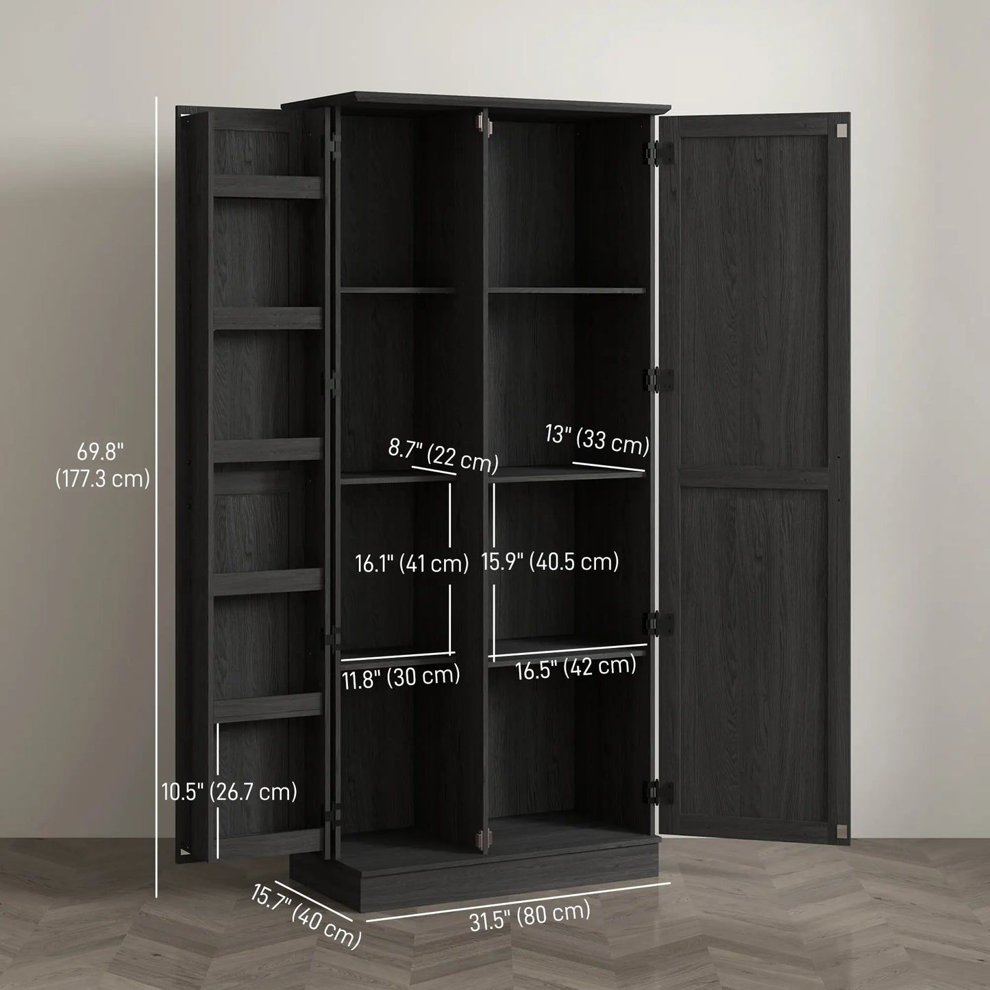 70" Tall Kitchen Pantry Cabinet, Adjustable Shelves, Black Wood Grain, Black Kitchen Pantry Cabinets at Gallery Canada