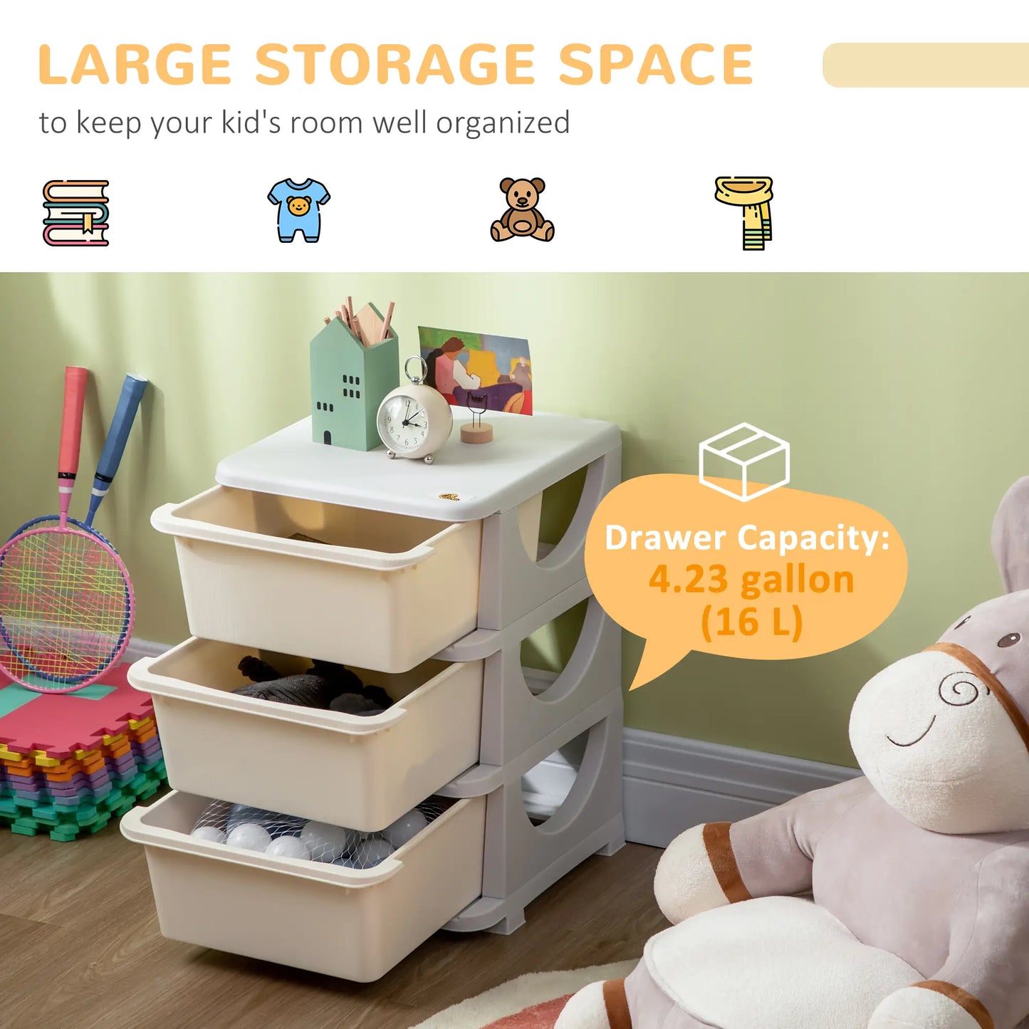 3 Tier Kids Toy Organizer, 3 Plastic Drawers, Cream White Baby & Kids Storage at Gallery Canada