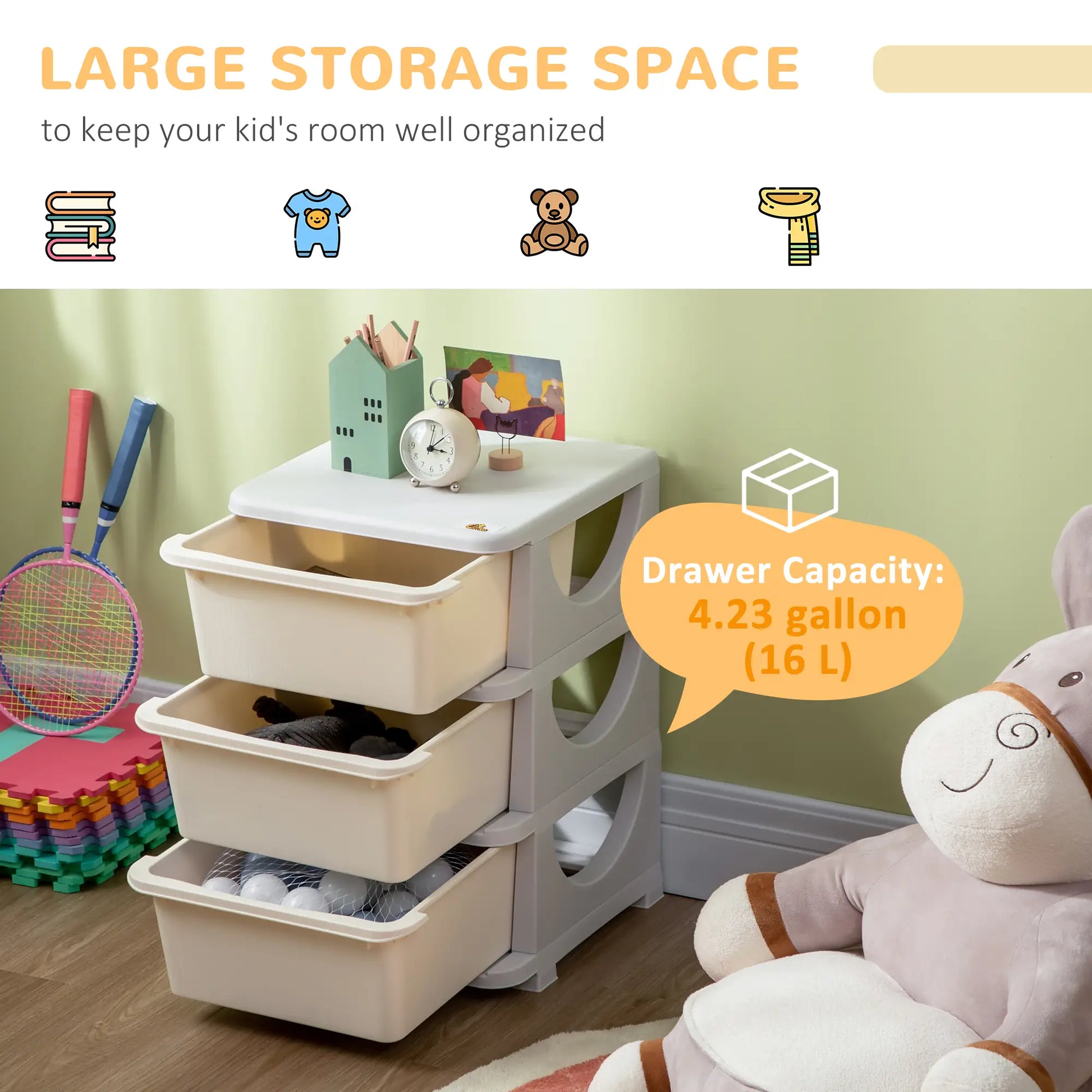 3 Tier Kids Toy Organizer, 3 Plastic Drawers, Cream White Baby & Kids Storage at Gallery Canada