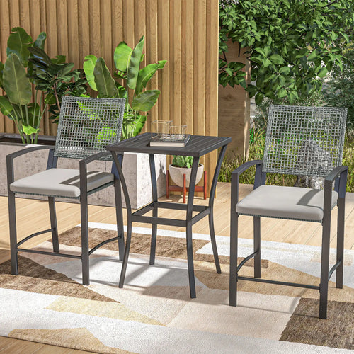 3pc Rattan Patio Bar Table, Chairs with Cushions, Bar Furniture
