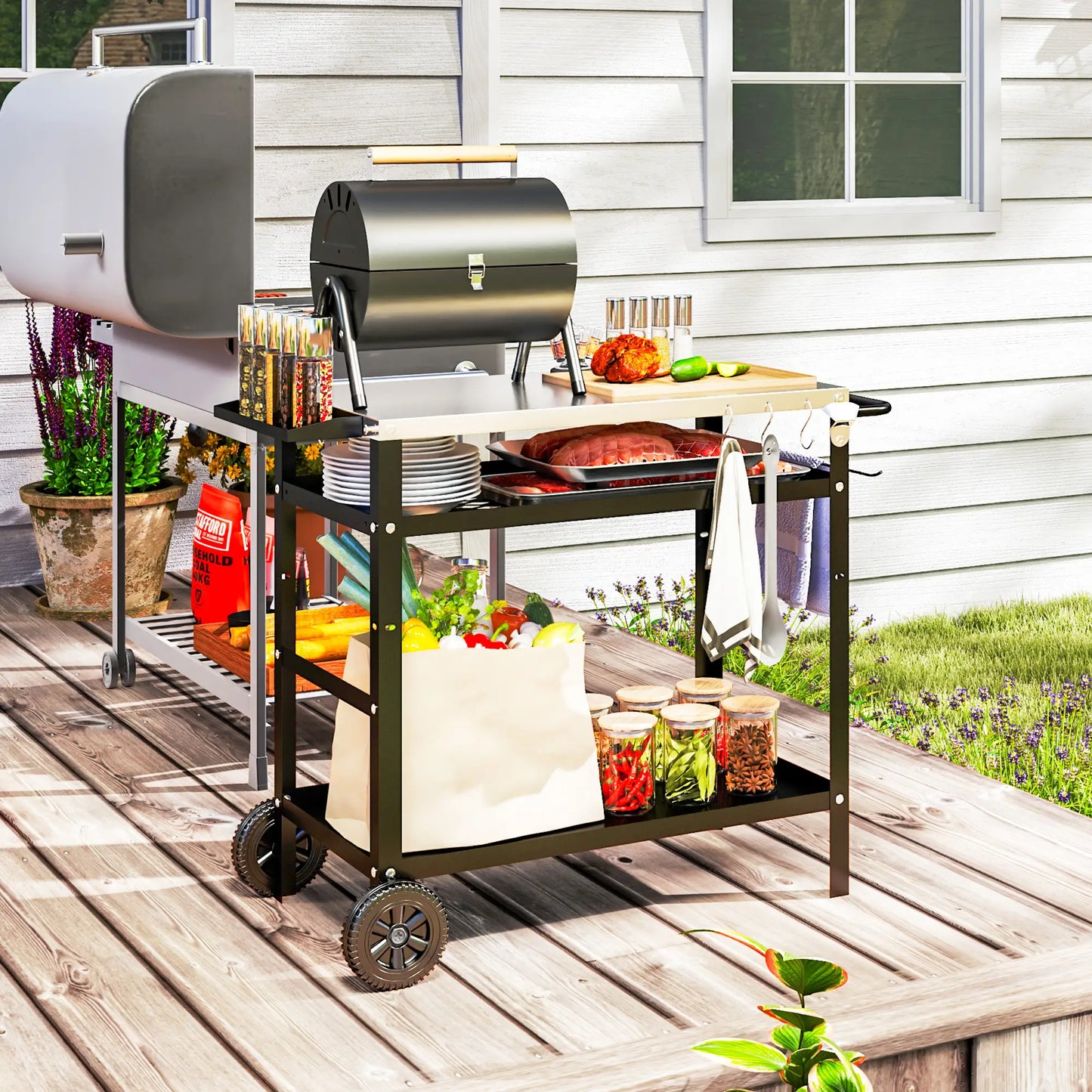 BBQ Stand With Stainless Steel Top, Adjustable Shelf, Hooks, Seasoning Tray Outdoor Grill Carts at Gallery Canada