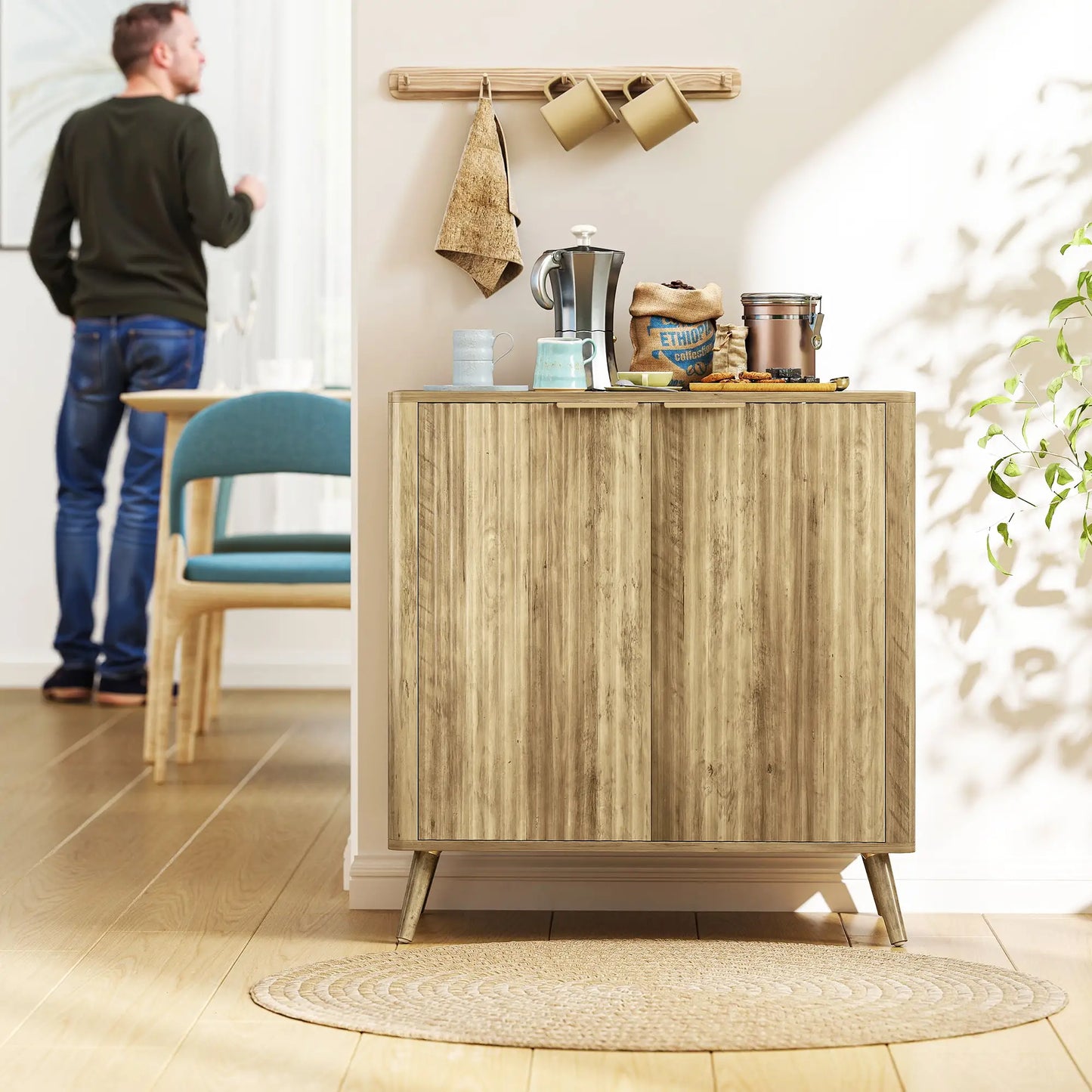 55" Buffet Cabinet, Modern Sideboard, 2 Fluted Doors, Adjustable Shelf, White Storage Cabinets at Gallery Canada