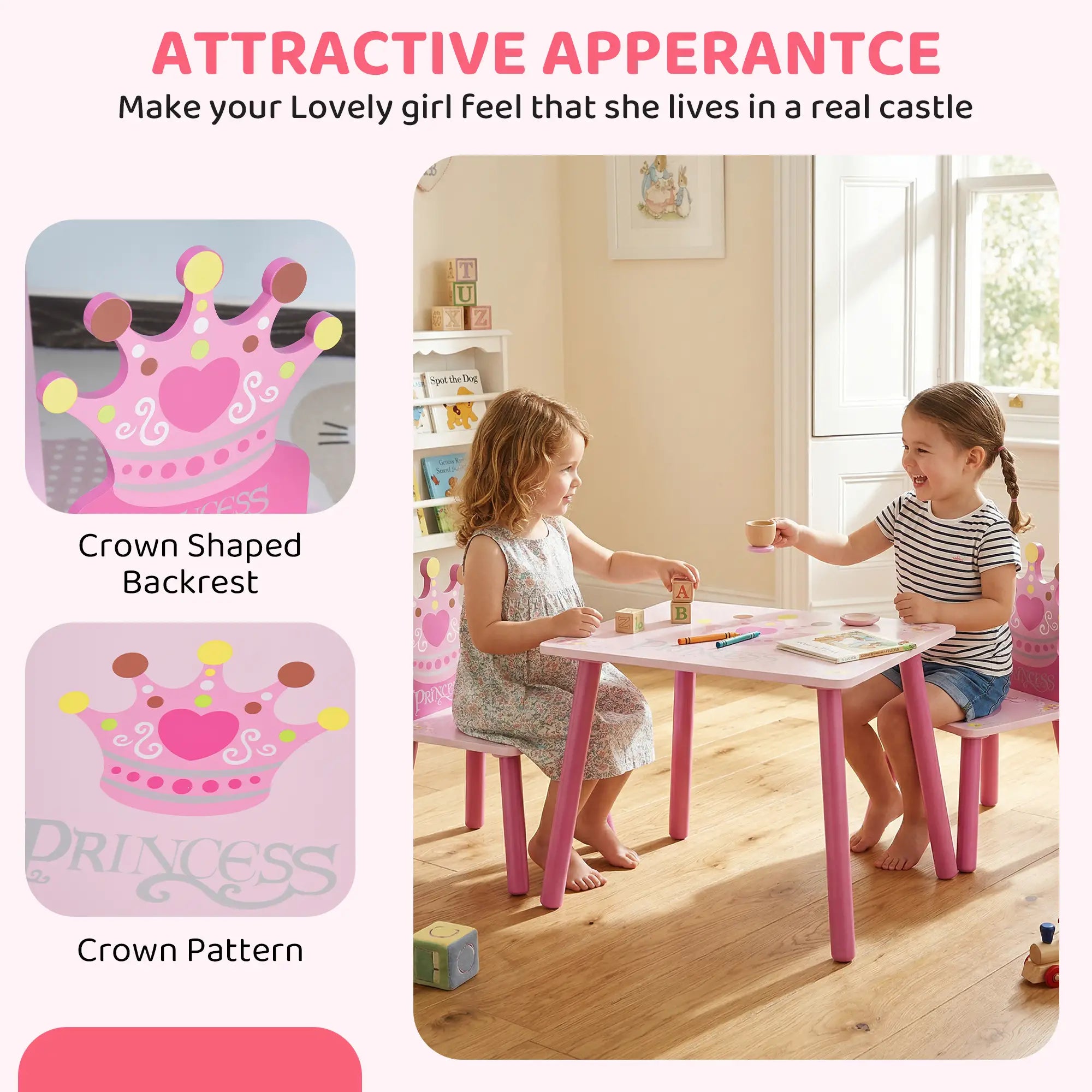 Kids Wooden Table Chair Set, Crown Pattern, Easy Clean, Age 2-4, Pink Kids Table Sets at Gallery Canada