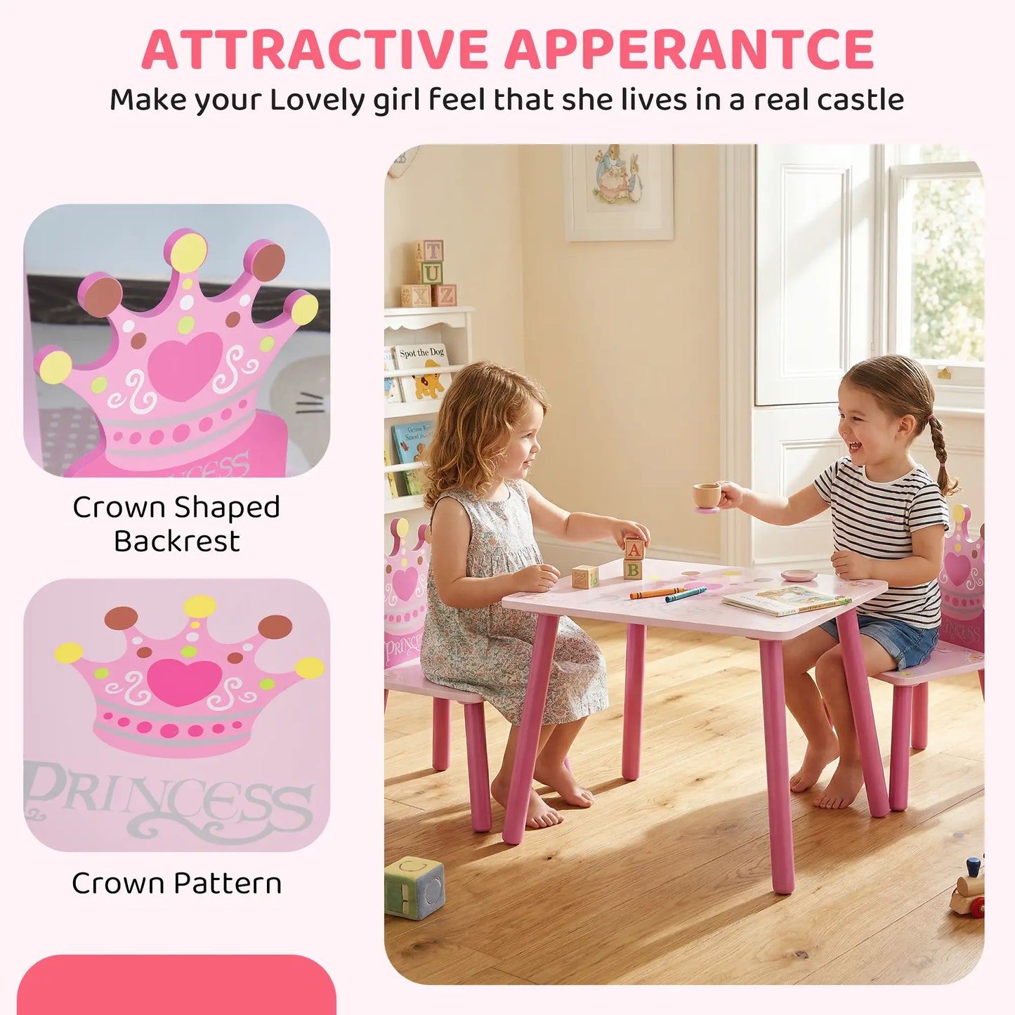 Kids Wooden Table Chair Set, Crown Pattern, Easy Clean, Age 2-4, Pink Kids Table Sets at Gallery Canada
