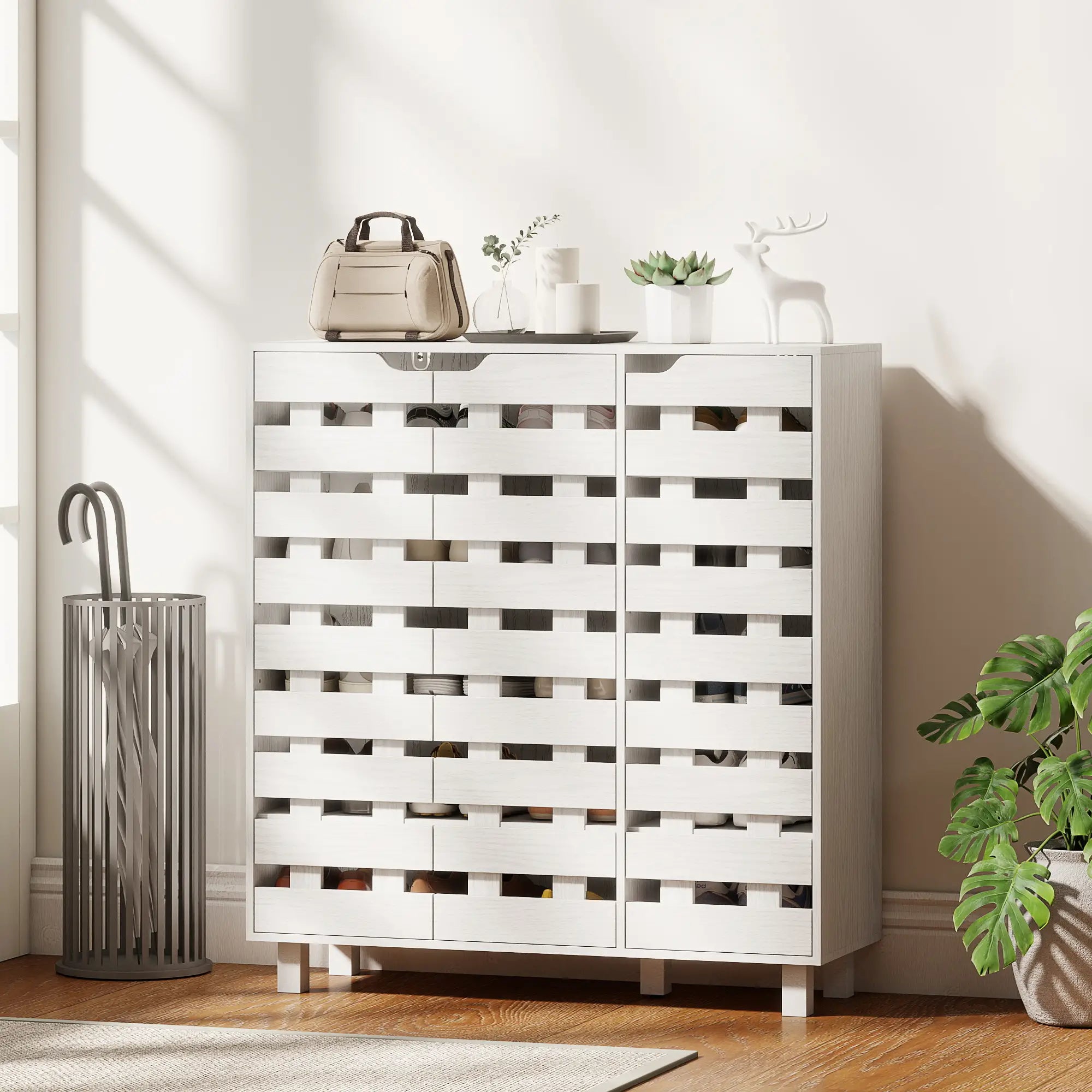 Shoe Cabinet, 21 Pair Storage with Hollowed-Out Doors, White Shoe Storage Cabinets & Racks at Gallery Canada
