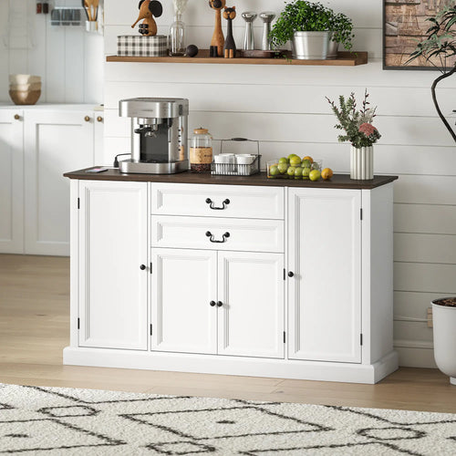 Farmhouse Sideboard with Charging Station, 58 Inch Buffet Cabinet, White