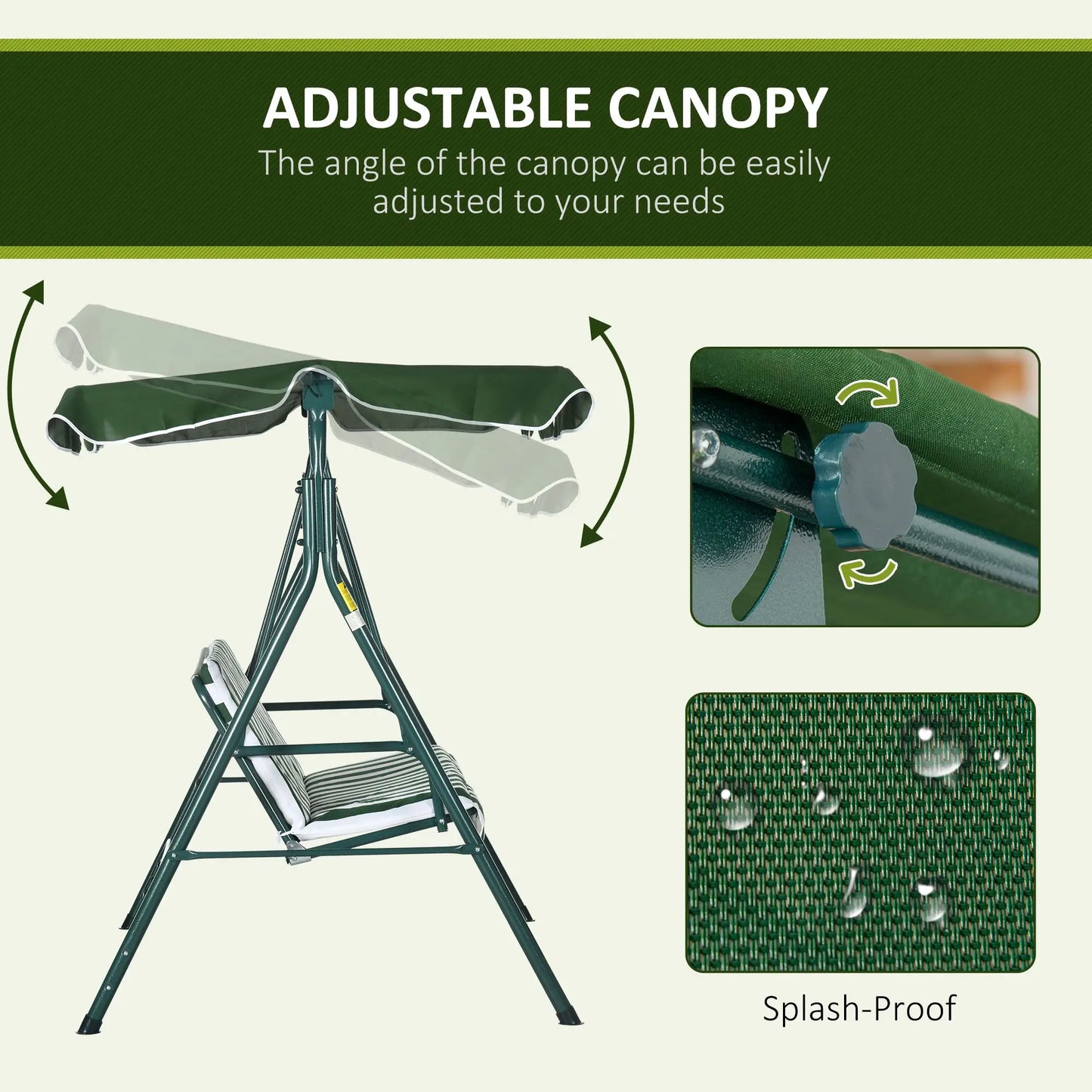 3-Seater Outdoor Porch Swing, Adjustable Canopy, White, Green Porch Swings with Canopy at Gallery Canada