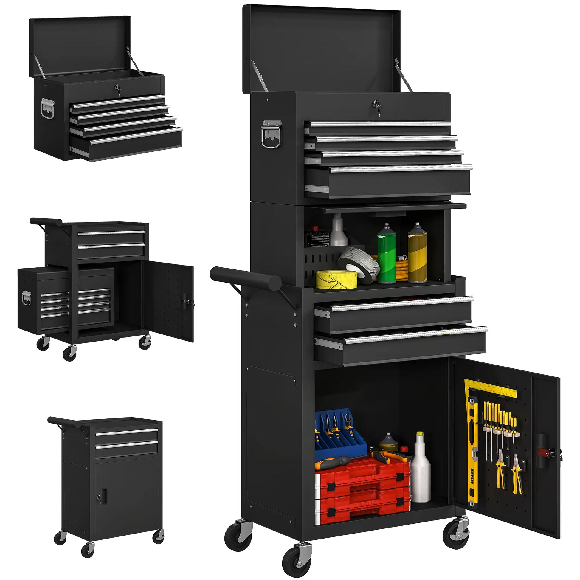 Large Tool Cabinet, 3-in-1 Rolling Chest, Detachable Storage with 6 Drawers and Pegboard, Black Tool Organizers at Gallery Canada