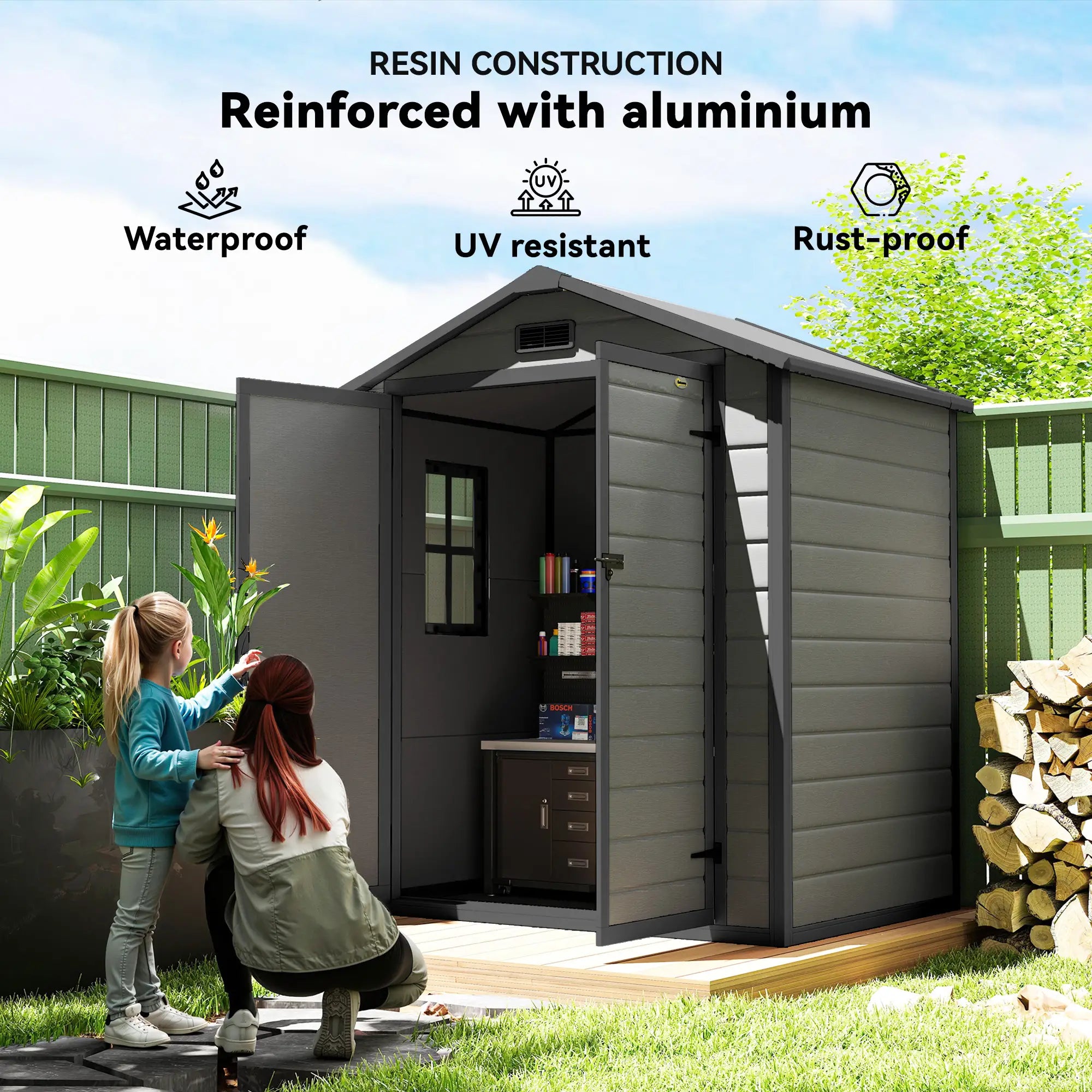 6x4.5FT Plastic Shed, Lockable Garden Tool Storage With Double Doors, Grey Sheds at Gallery Canada