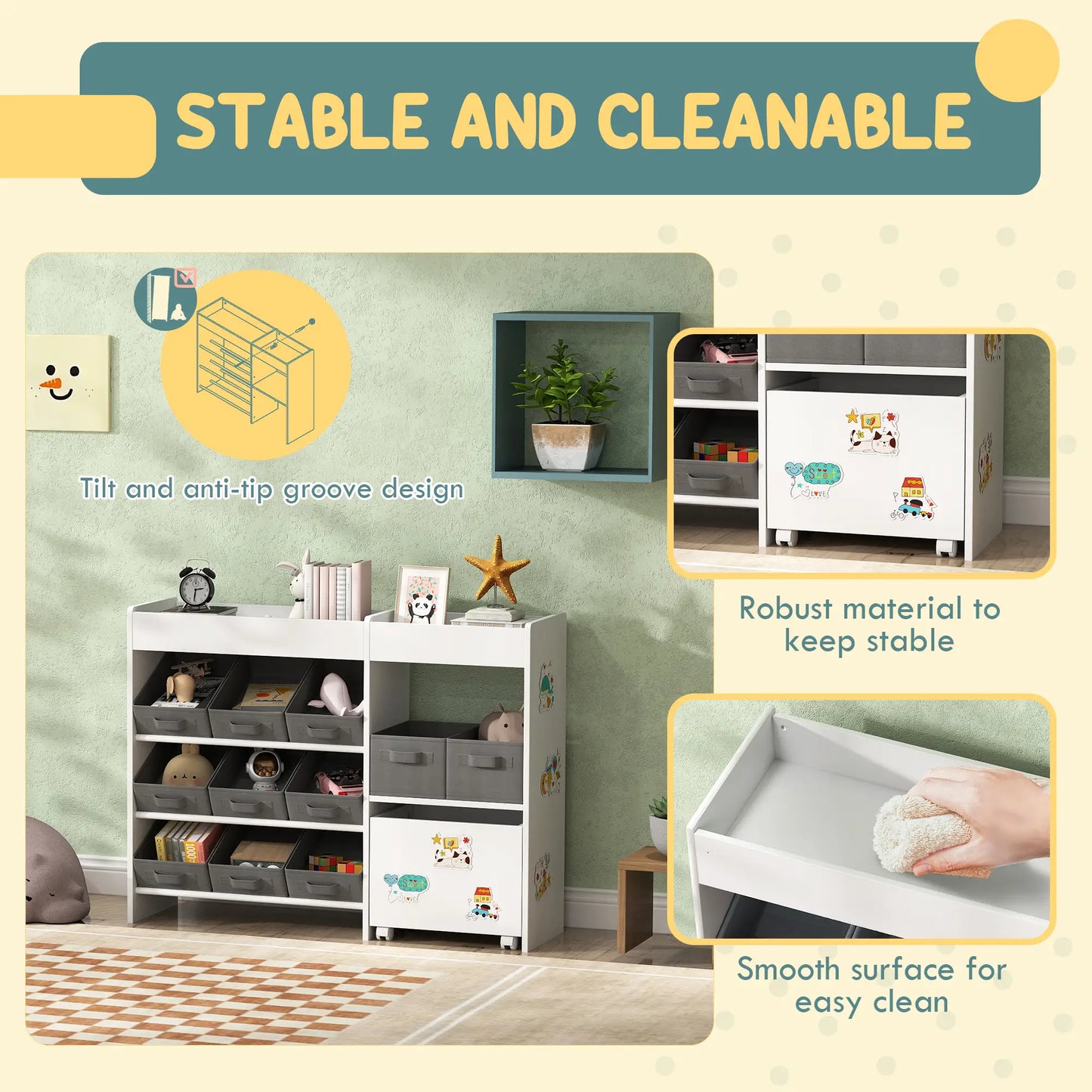 Kids Toy Storage Organizer with 11 Bins, Moveable Cabinet, Top Shelves, 3 Stickers, for Nursery, Playroom, White Bookshelves & Bookcases at Gallery Canada