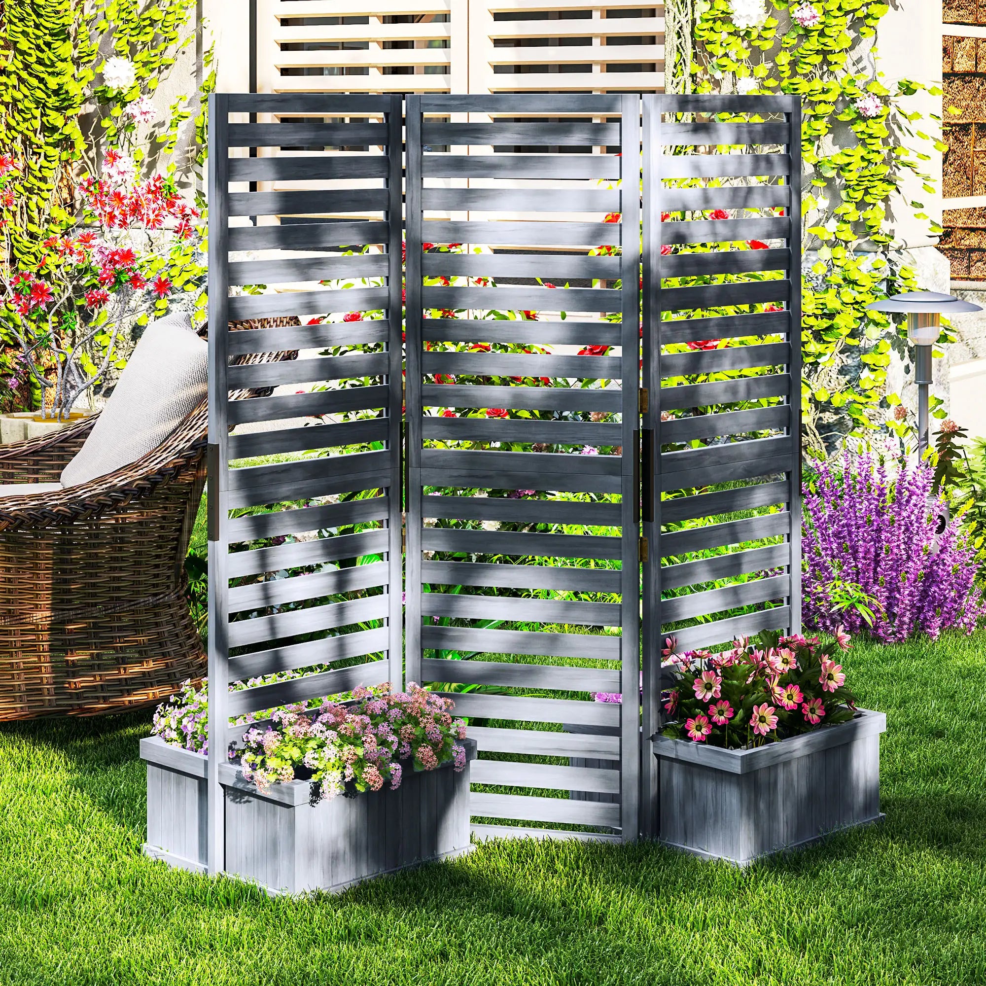Outdoor Privacy Screen, Wood Panel with 4 Planter Boxes, Raised Bed, 3 Panels, Drainage Holes Side Awnings at Gallery Canada