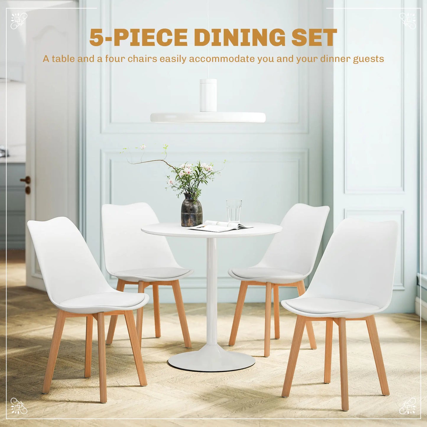 Round Dining Table Set for 4, Pedestal Base, PU Padded Seats, White Dining Table Sets at Gallery Canada