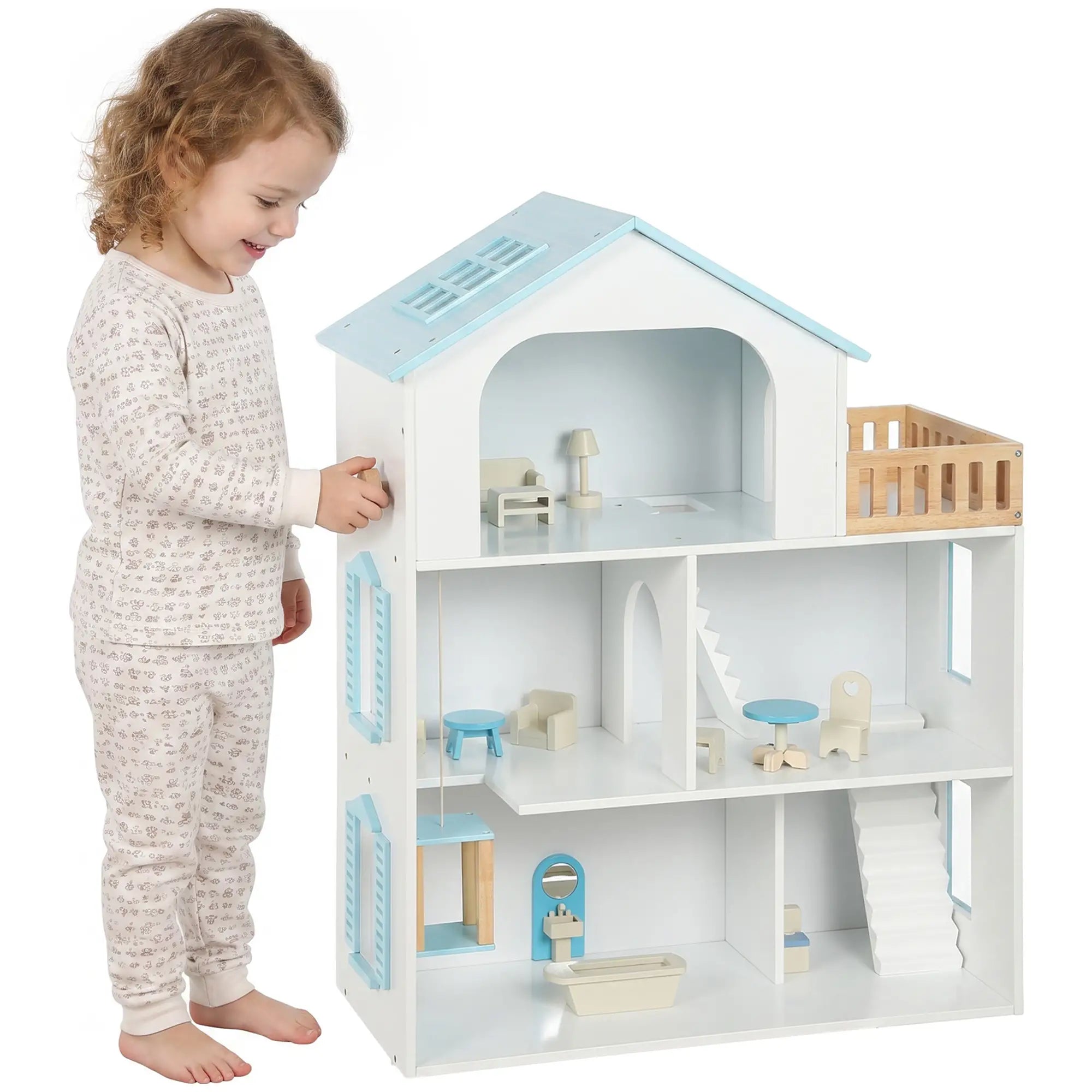 Wooden Doll House with Elevator, 5 Rooms, 13 Accessories, Blue Play Houses at Gallery Canada