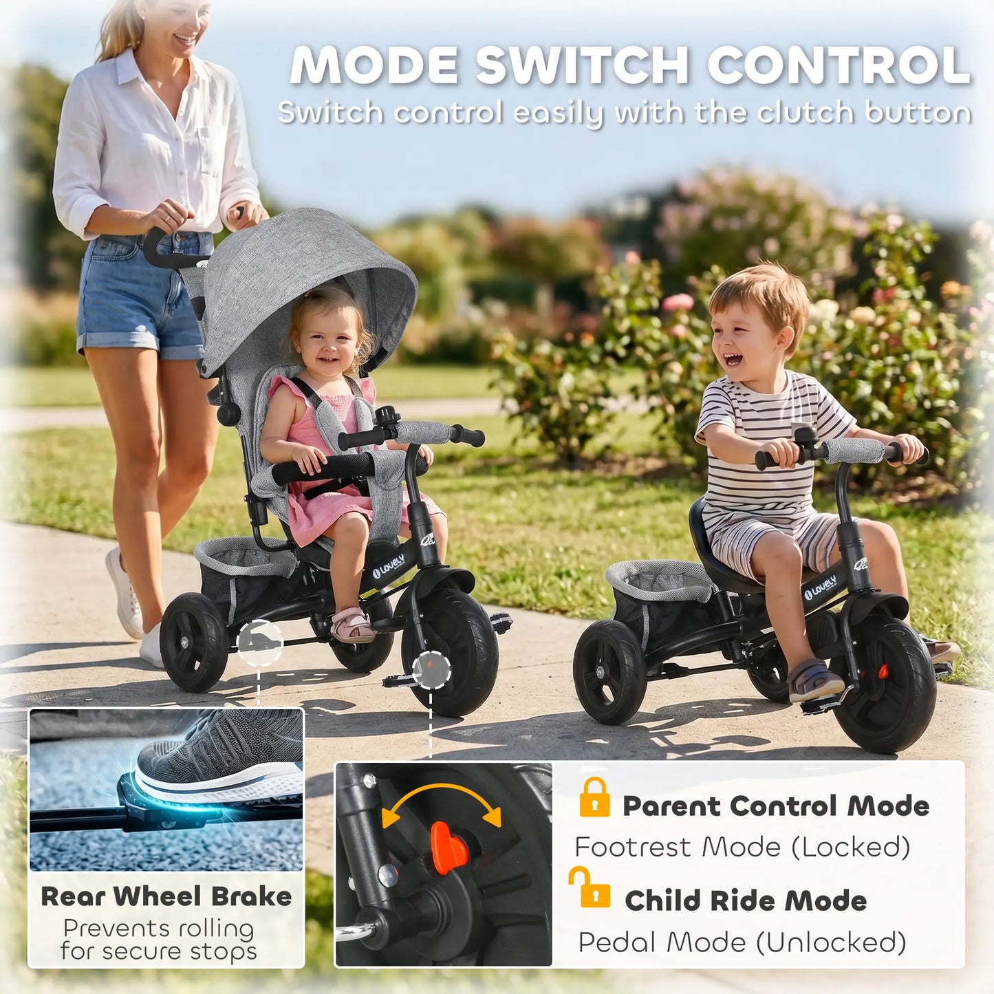 6 in 1 Tricycle for Toddlers, Parent-Push Handle, Grey Tricycles for Kids at Gallery Canada