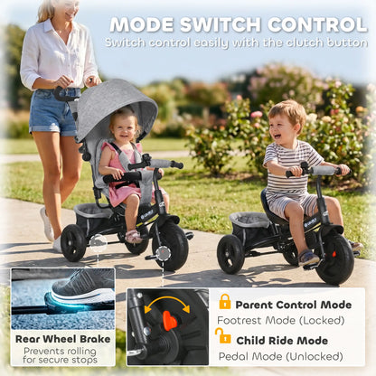 6 in 1 Tricycle for Toddlers, Parent-Push Handle, Grey Tricycles for Kids at Gallery Canada