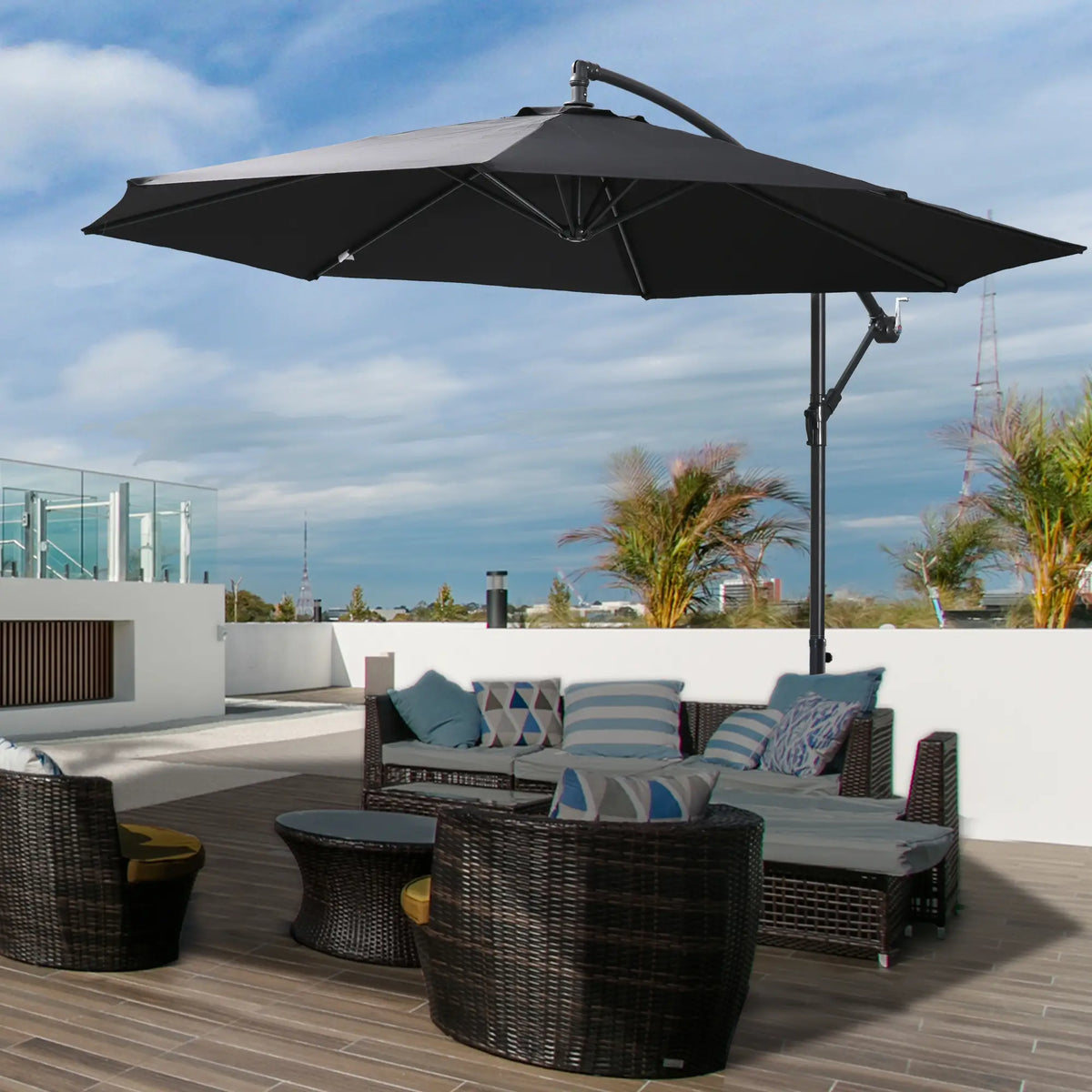 9.7ft Offset Patio Umbrella, 8 Ribs, Crank Handle, Black Offset Cantilever Umbrellas at Gallery Canada