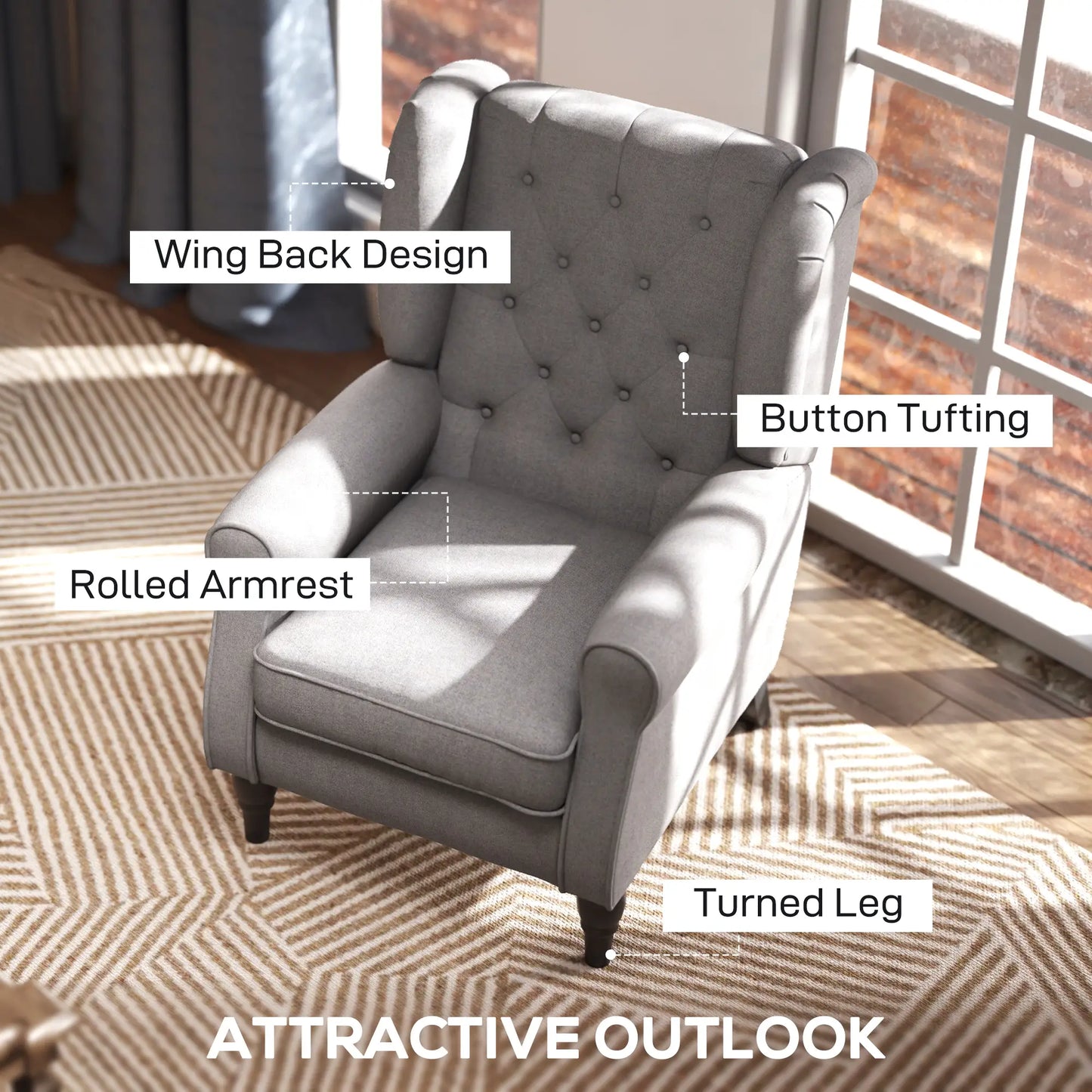 Fabric Accent Chair, Button Tufted Armchair, Modern Living Room, Wood Legs, Grey Accent Chairs at Gallery Canada