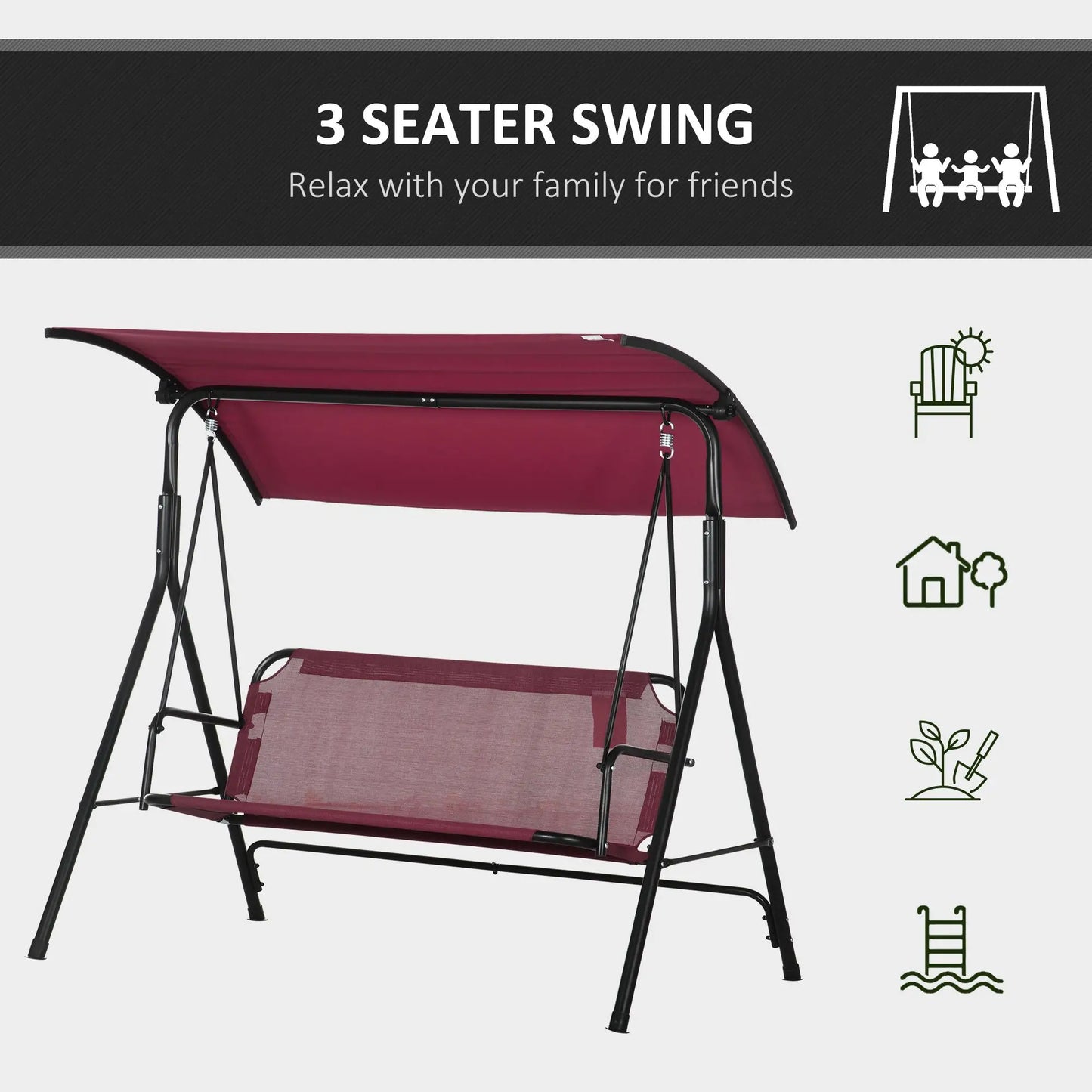 3-Seater Outdoor Swing with Adjustable Canopy, Wine Red Porch Swings with Canopy at Gallery Canada