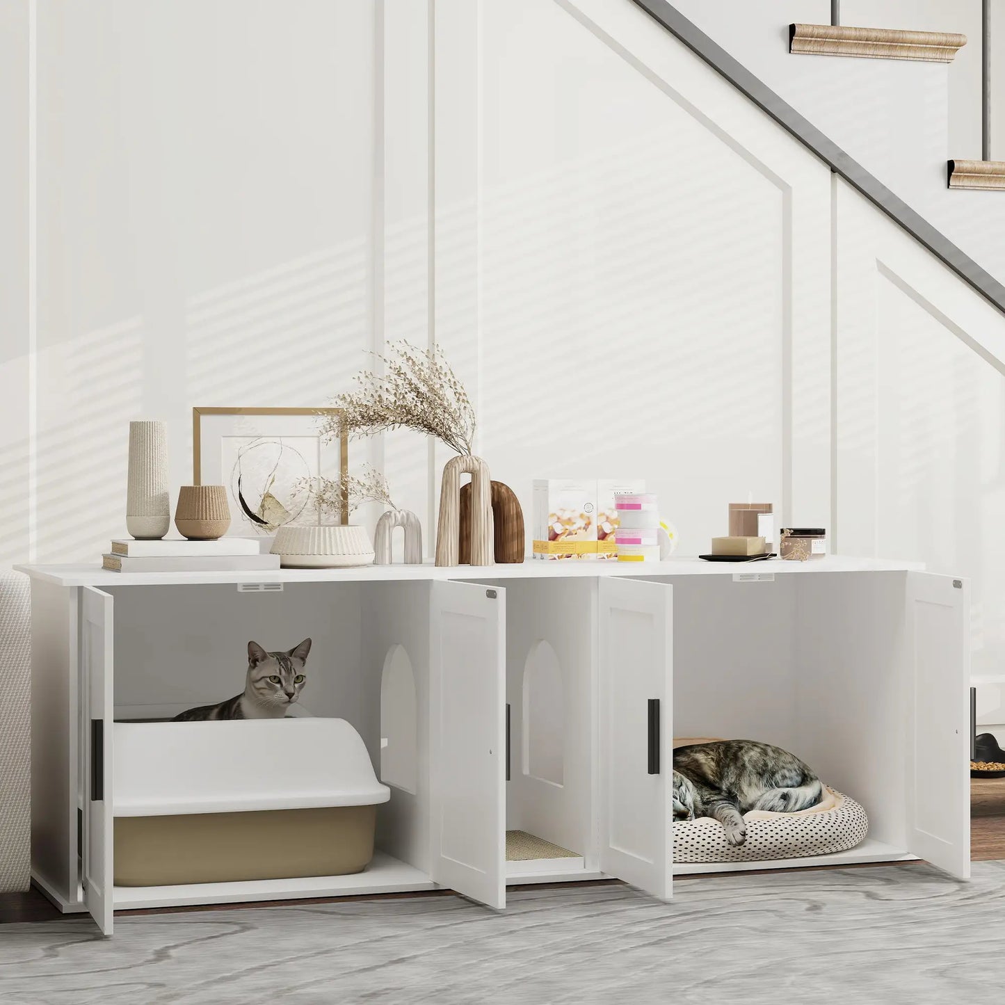 Cat Litter Box Enclosure, Double Room, Scratching Board, 57" x 19" x 20", White Cat Litter Box Enclosures at Gallery Canada